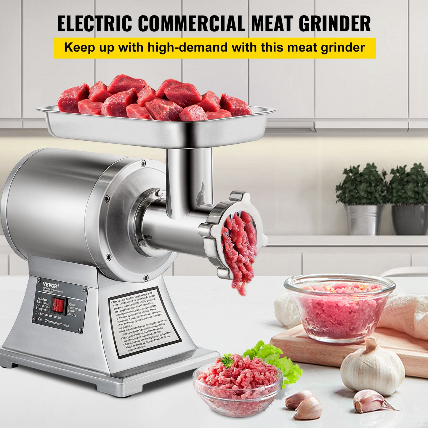 VEVOR Commercial Meat Grinder,550LB/h 1100W Electric Meat Grinder, 220 RPM Heavy Duty Stainless Steel Industrial Meat Mincer w/2 Blades, Grinding Plates & Stuffing Tubes