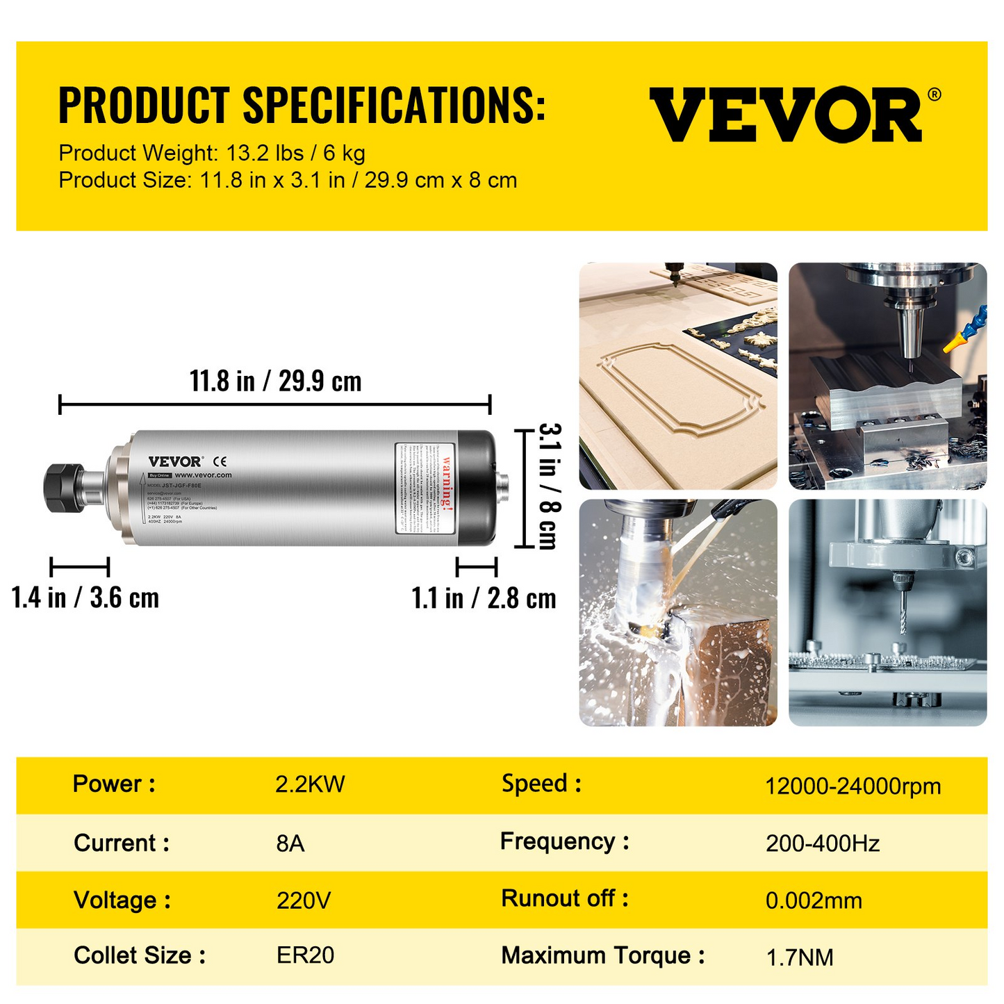 VEVOR Air Cooled Spindle Motor ER20 CNC Spindle Milling Motor 2.2KW Spindle Motor 24000 RPM 400 Hz for CNC Router Engraving Milling Grind Machine（220V）