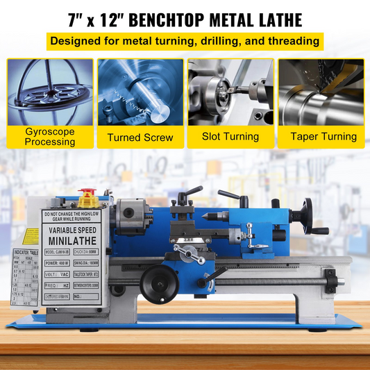 VEVOR Metal Lathe 7 x 12 Inch, Precision Mini Metal Lathe 2250 RPM 400W Variable Speed, Mini Lathe Precision Bench Top Metal Working Lathe for Various Types of Metal Turning