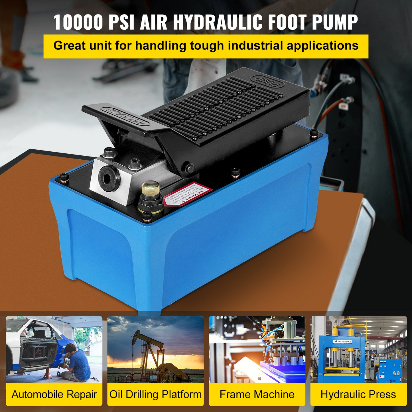 VEVOR Air Hydraulic Pump 10000 PSI Air Over Hydraulic Pump 1/2 Gal Reservoir Air Treadle Foot Actuated Hydraulic Pump 3/8" NPT with 6.56 ft Hose 2 Connector Single Acting for Car Repair (Blue)