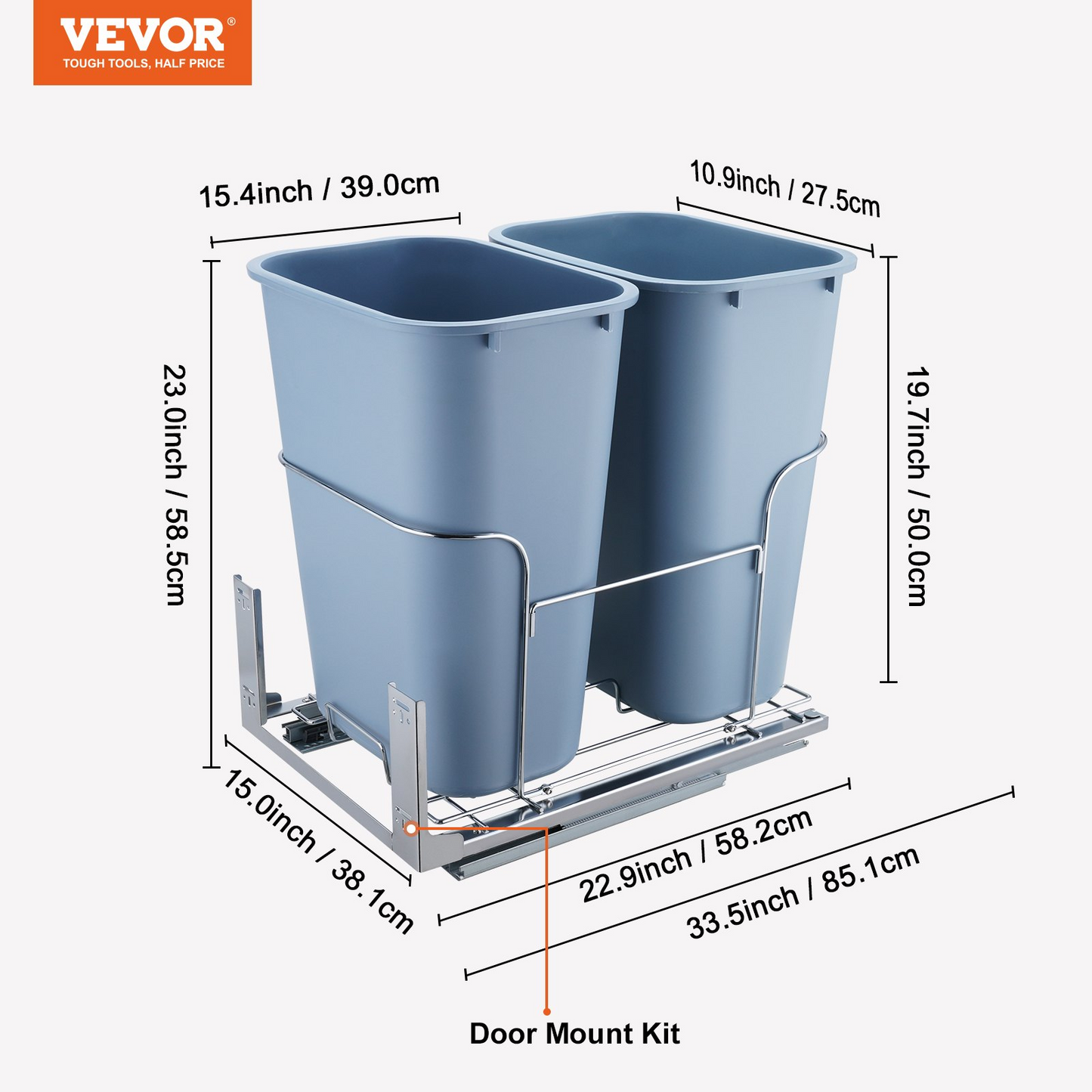 VEVOR Pull-Out Trash Can, 35Lx2 Double Bins, Under Mount Kitchen Waste Container with Slide and Door Mounting Kit, 110 lbs Load Capacity Heavy Duty Garbage Recycling Bin for Kitchen Cabinet, Sink