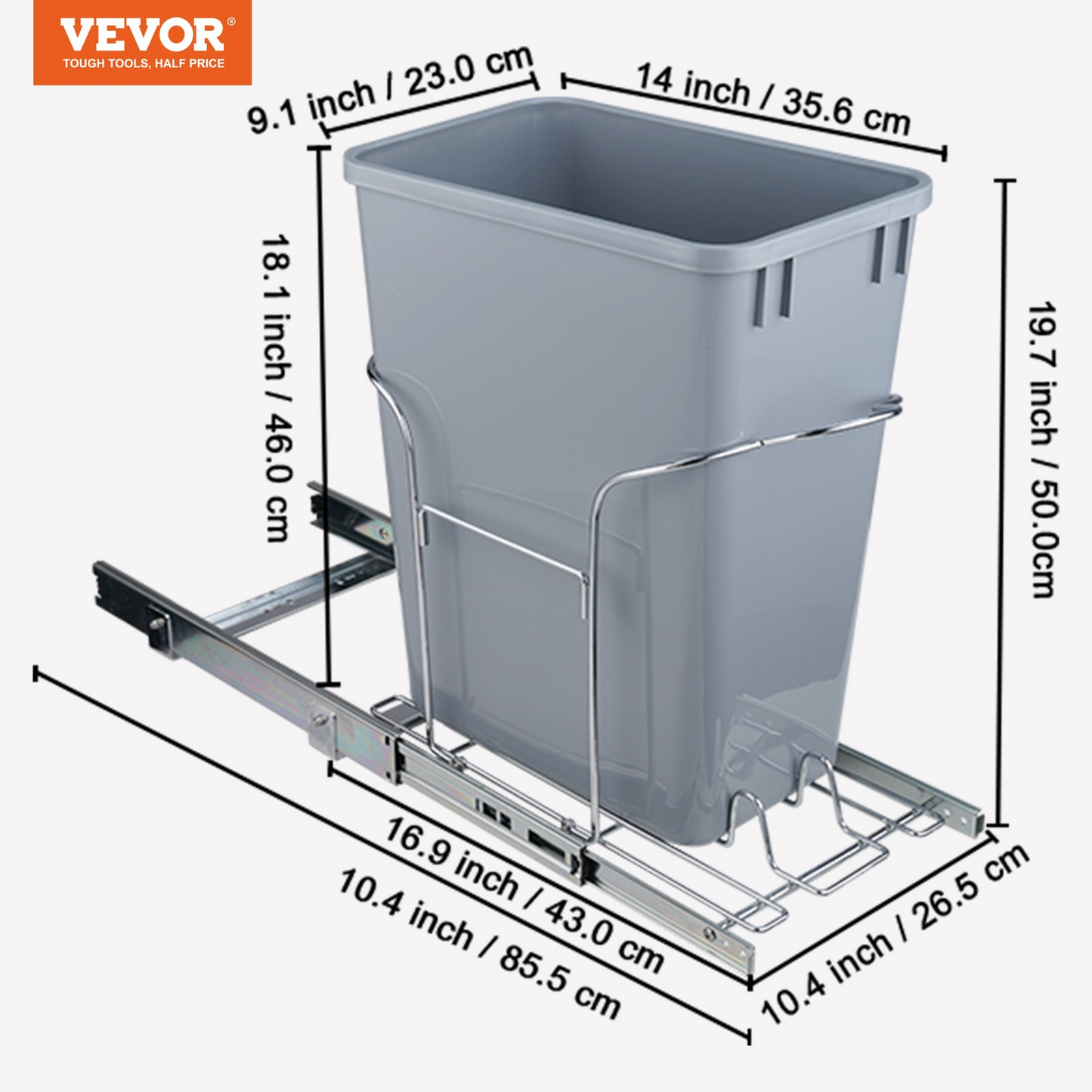 VEVOR Pull-Out Trash Can, 29L Single Bin, Under Mount Kitchen Waste Container with Slide and Handle, 110 lbs Load Capacity Heavy Duty Garbage Recycling Bin for Kitchen Cabinet, Sink, Under Counter