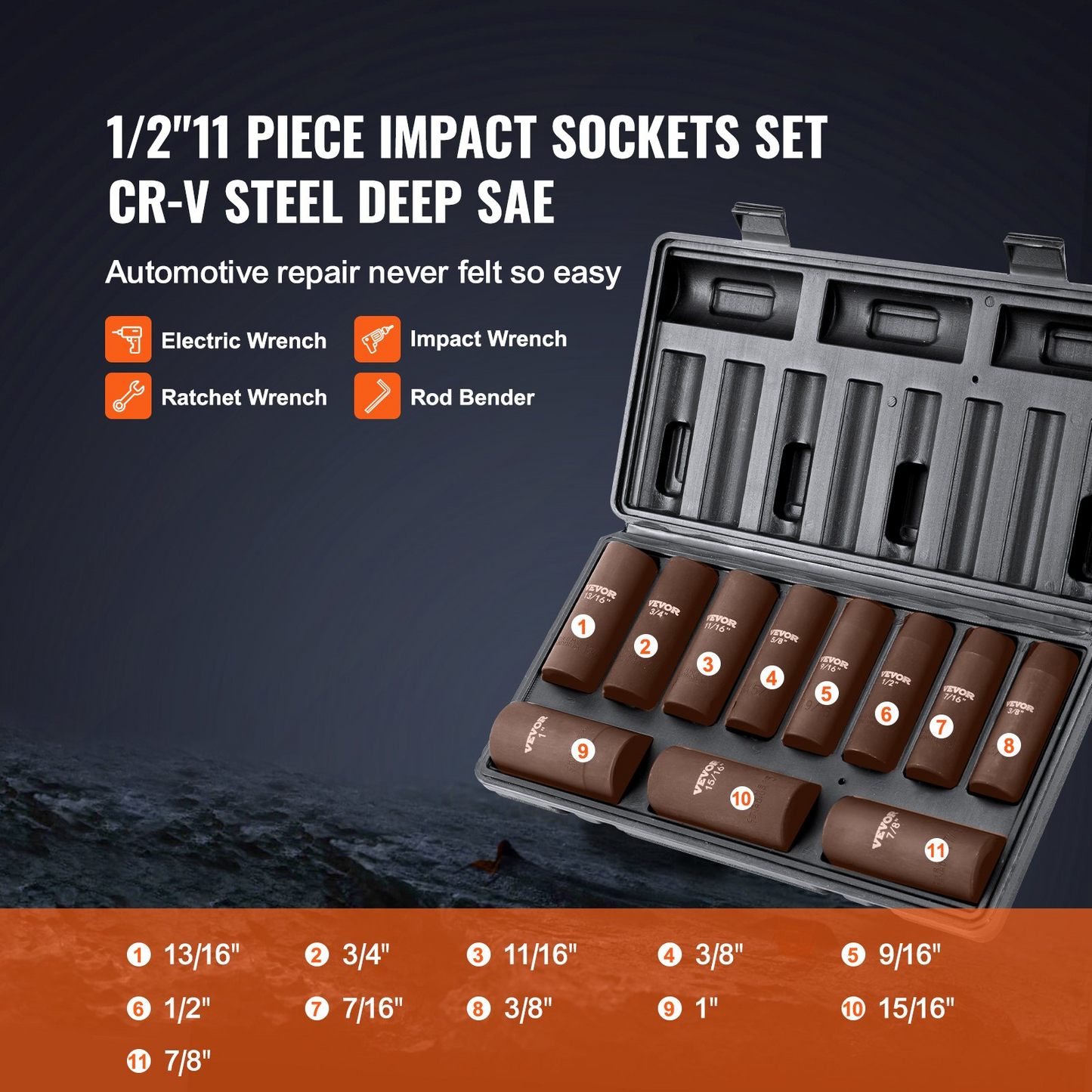 VEVOR 1/2" Drive Impact Socket Set, 11 Piece Deep Socket Set SAE 3/8"-1", 6 Point CR-V Alloy Steel for Auto Repair, Easy-to-Read Size Markings, Rugged Construction, Includes Storage Case