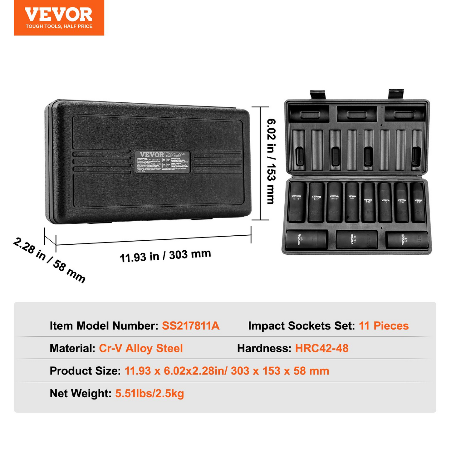 VEVOR 1/2" Drive Impact Socket Set, 11 Piece Deep Socket Set SAE 3/8"-1", 6 Point CR-V Alloy Steel for Auto Repair, Easy-to-Read Size Markings, Rugged Construction, Includes Storage Case