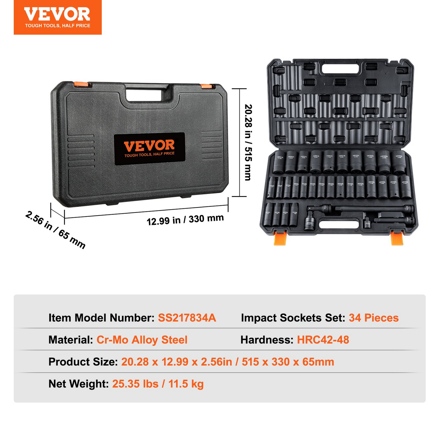 VEVOR 1/2" Drive Deep Impact Socket Set, 34pcs Socket Set Metric （8-36mm） 6 Point Cr-MO Alloy Steel for Auto Repair, Rugged Construction, Includes Heavy Duty Storage Case