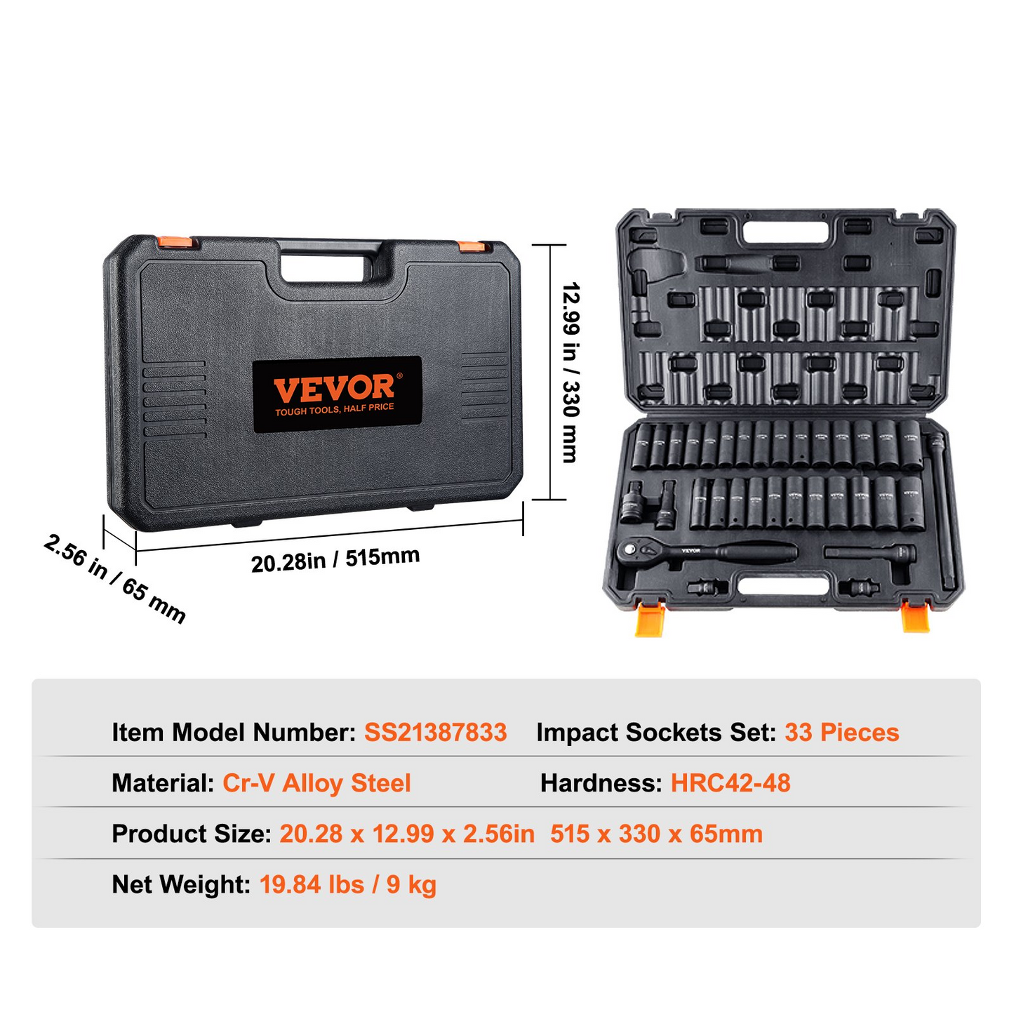 VEVOR 1/2" Drive Impact Socket Set, 33 Piece Socket Set SAE 3/8"-1" and Metric 10-24mm, 6 Point Cr-V Alloy Steel for Auto Repair, Easy-to-Read Size Markings, Rugged Construction, Includes Storage Case