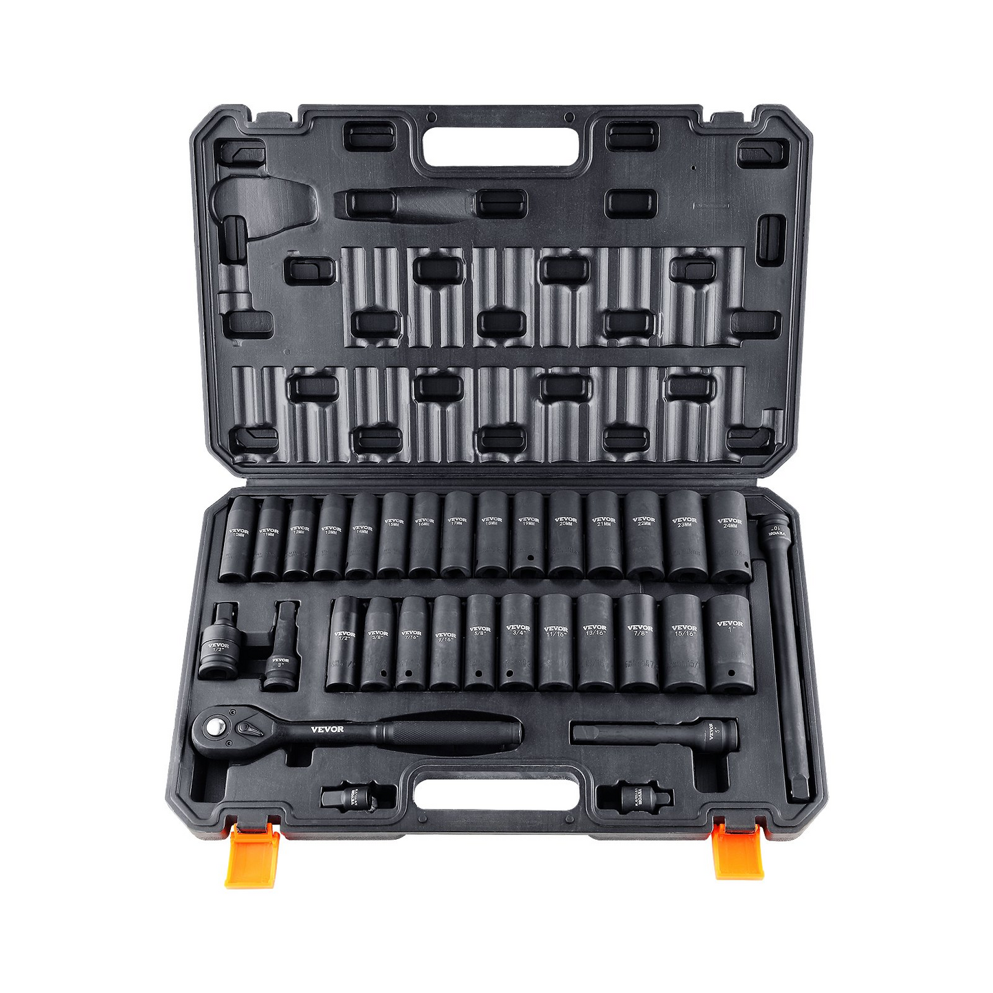 VEVOR 1/2" Drive Impact Socket Set, 33 Piece Socket Set SAE 3/8"-1" and Metric 10-24mm, 6 Point Cr-V Alloy Steel for Auto Repair, Easy-to-Read Size Markings, Rugged Construction, Includes Storage Case