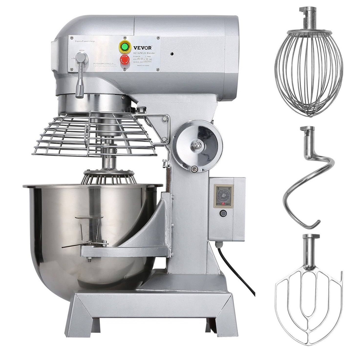 VEVOR Commercial Food Mixer 15Qt 600W 3 Speeds Adjustable 110/178/390 RPM Heavy Duty 110V with Stainless Steel Bowl Dough Hooks Whisk Beater Premium for Schools Bakeries Restaurants Pizzerias