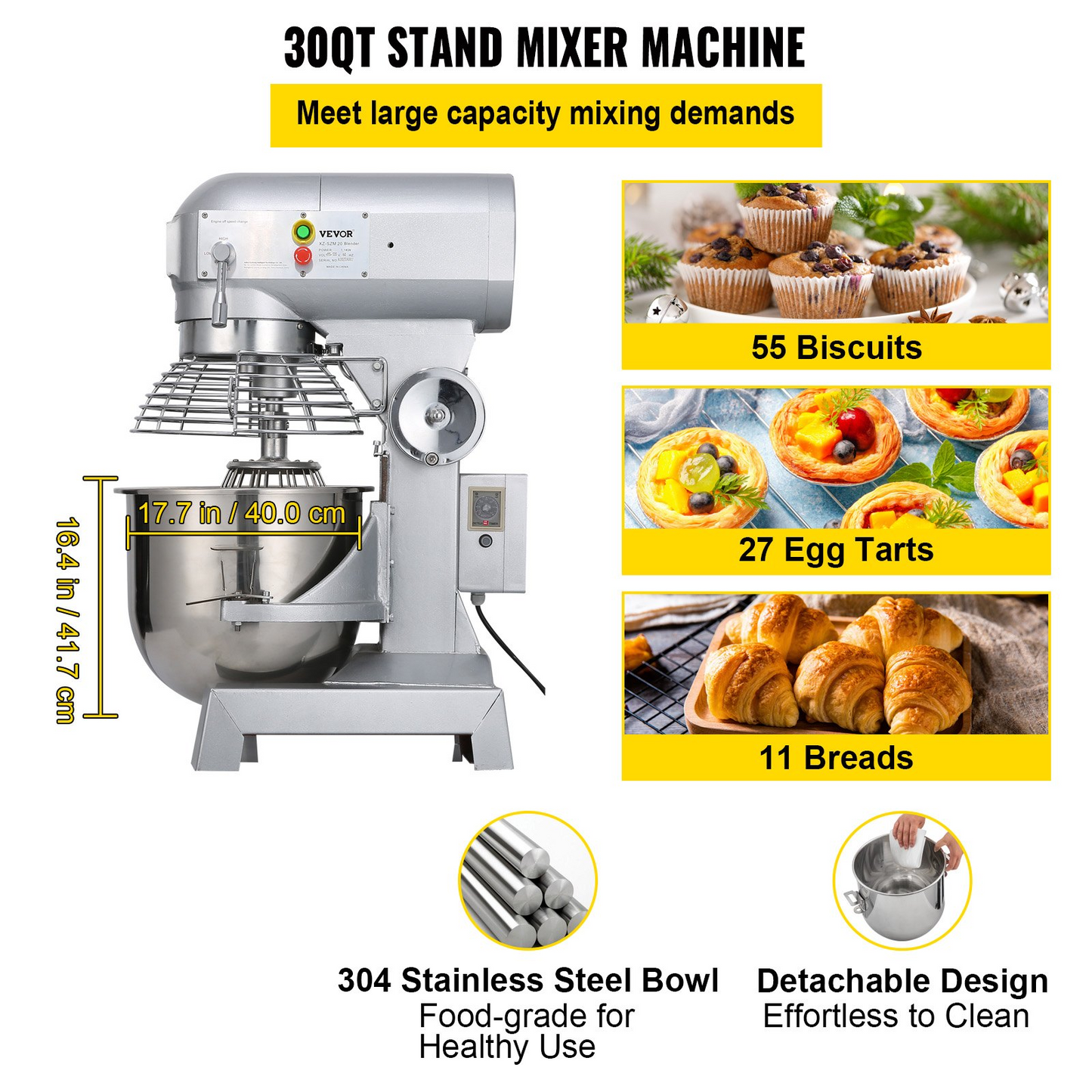 VEVOR Commercial Food Mixer 30Qt 1100W 3 Speeds Adjustable 105/180/408 RPM Heavy Duty 110V with Stainless Steel Bowl Dough Hooks Whisk Beater for Schools Bakeries Restaurants Pizzerias