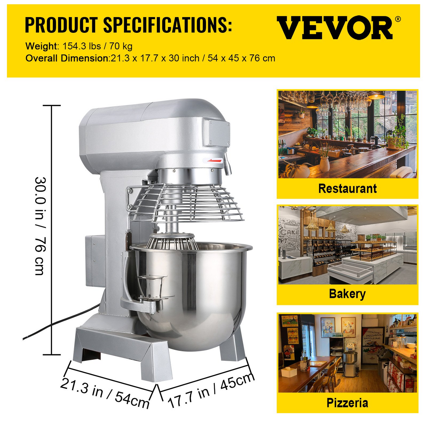 VEVOR Commercial Food Mixer 30Qt 1100W 3 Speeds Adjustable 105/180/408 RPM Heavy Duty 110V with Stainless Steel Bowl Dough Hooks Whisk Beater for Schools Bakeries Restaurants Pizzerias