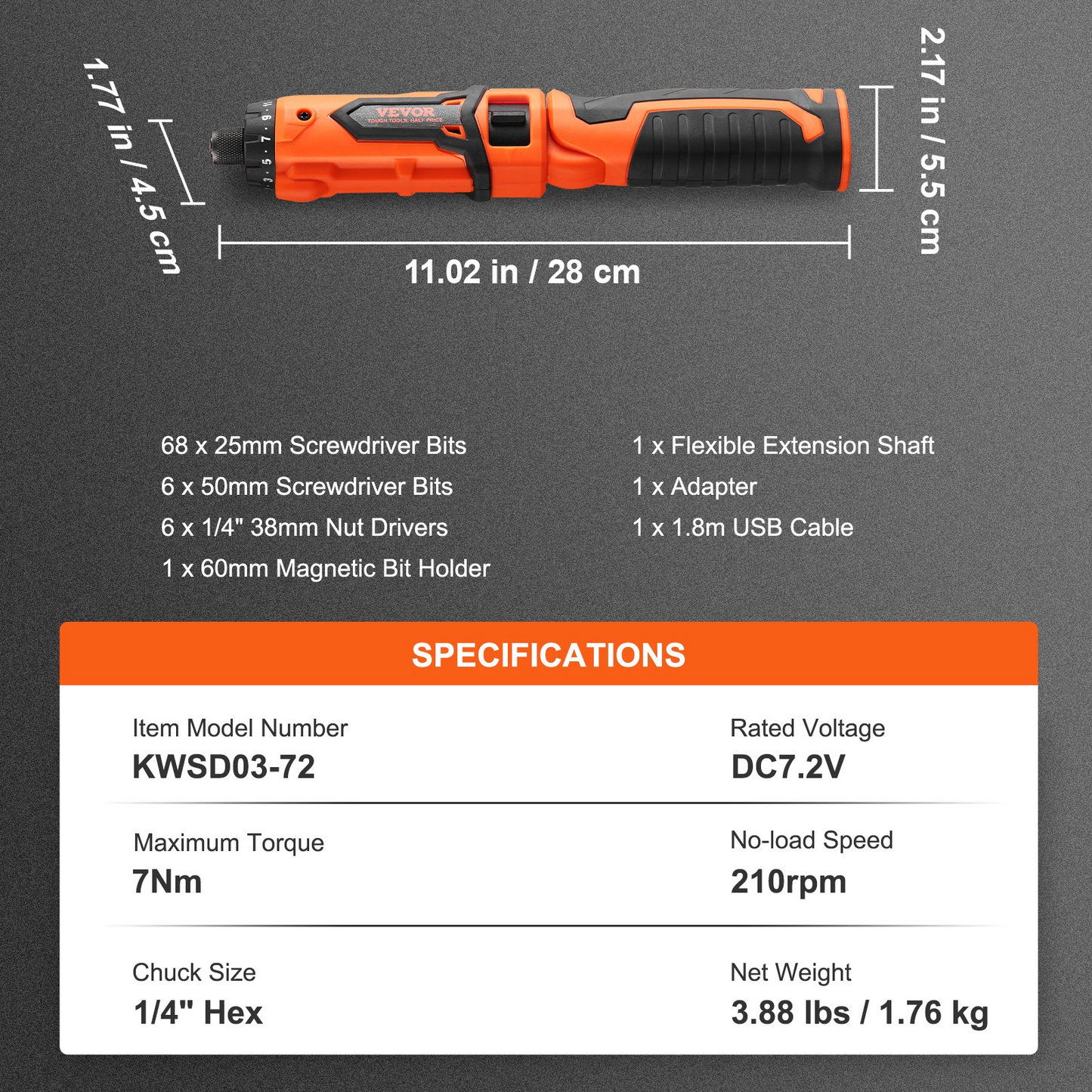 VEVOR Cordless Screwdriver, 8V 7Nm Electric Screwdriver Rechargeable Set with 82 Accessory Kit and Charging Cable, Nut Drivers Magnetic Bit Holder Tool Kit Home Repair, LED Light Dual Position Handle