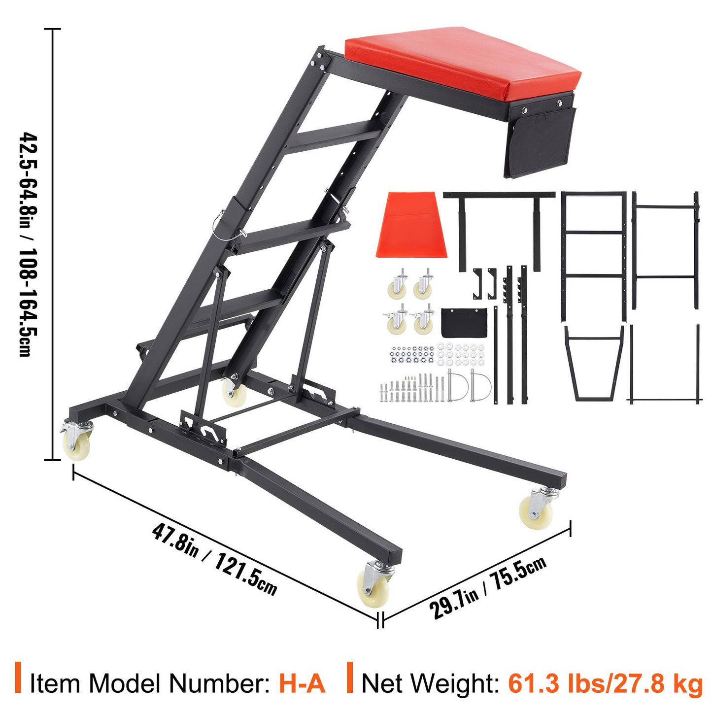 VEVOR Automotive Top Creeper, Engine Creeper 42.5"-64.8", 400 LBS Capacity High Top Creeper, 4 Swivel Caster Wheels, Padded Deck, Foldable Creeper for Home Garage, Workshop Repair Maintenance