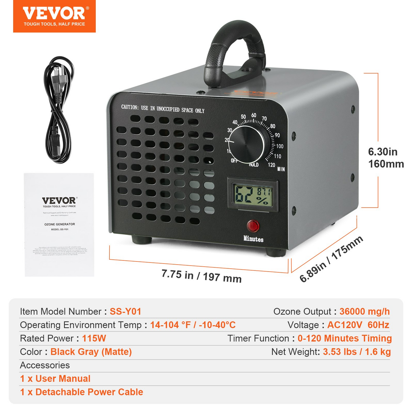 VEVOR Ozone Generator, 36000mg/h Ozone Machine Odor Remover, High Capacity Commercial/Industrial Ozone Generator Machine, Home Air Ionizers Deodorizer with 0-120 min Time Setting for Rooms, Cars, Pets