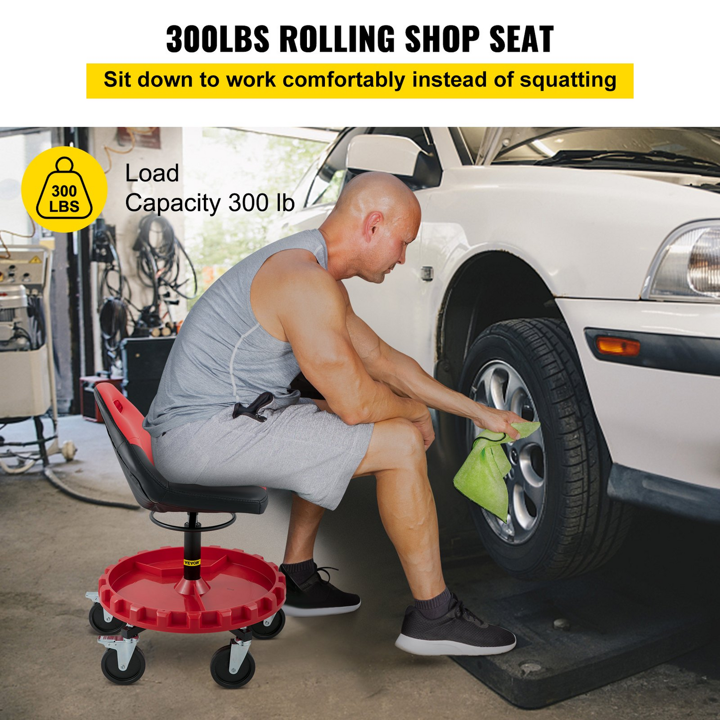 VEVOR Rolling Gear Seat, 300LBS Capacity, 18"-23" Height Adjustable, Mobile Mechanic Garage Stool with Tool Tray and 5" Casters, Pneumatic Stool for Workshop, Garage, Auto Repair Shop