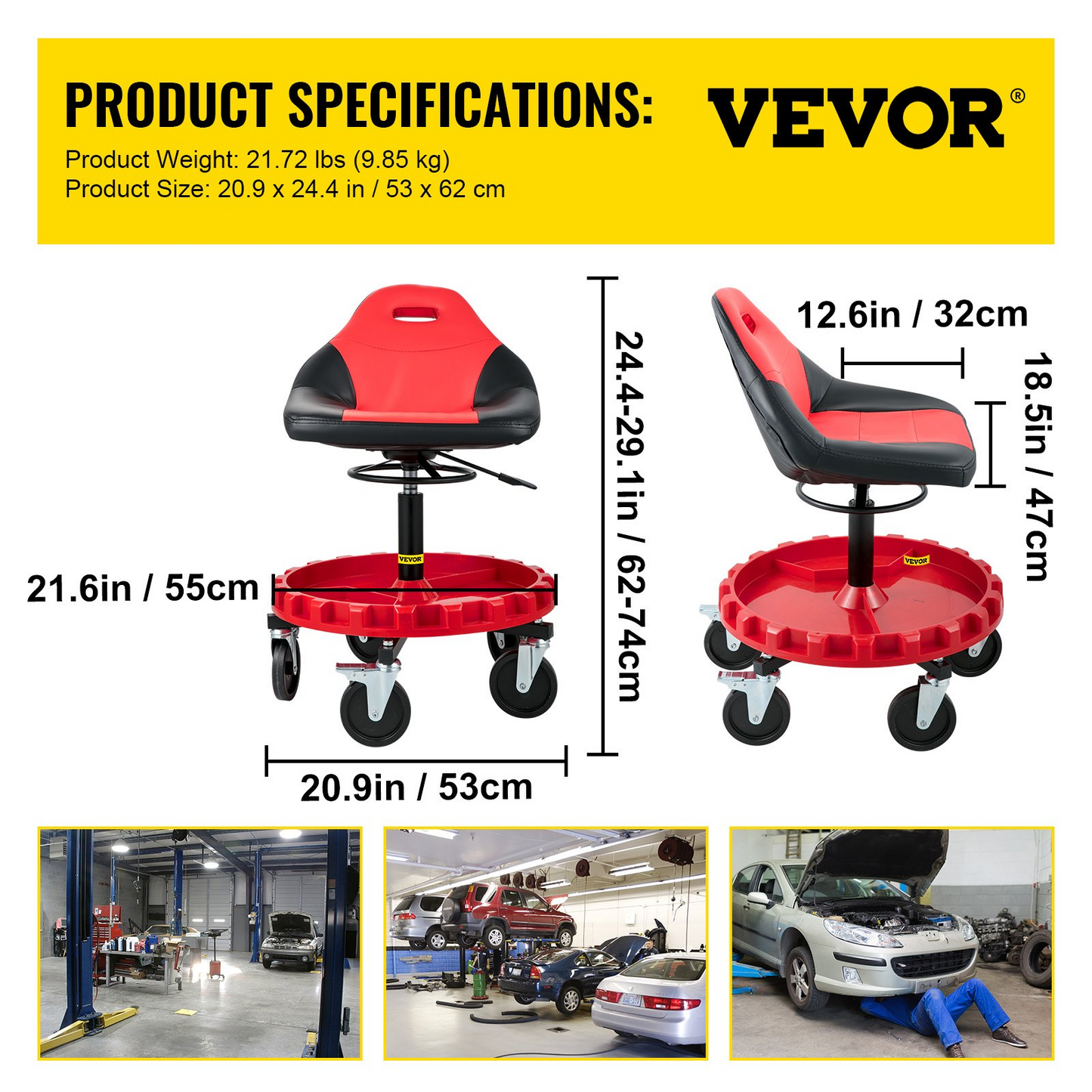 VEVOR Rolling Gear Seat, 300LBS Capacity, 18"-23" Height Adjustable, Mobile Mechanic Garage Stool with Tool Tray and 5" Casters, Pneumatic Stool for Workshop, Garage, Auto Repair Shop