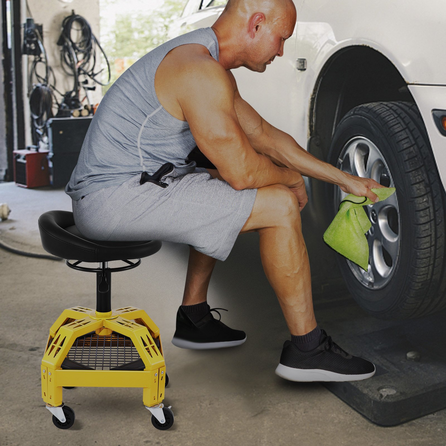 VEVOR Rolling Garage Stool, 300LBS Capacity, Adjustable Height from 24 in to 28.7 in, Mechanic Seat with 360-degree Swivel Wheels and Tool Tray, for Workshop, Auto Repair Shop, Yellow