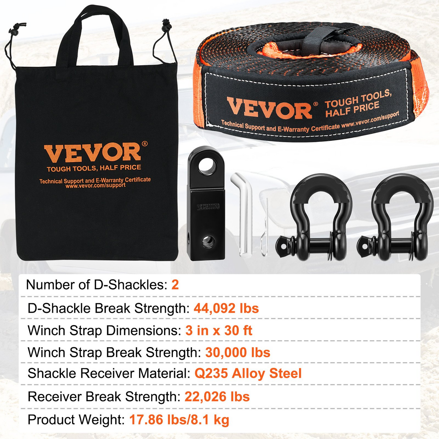 VEVOR Off-Road Recovery Kit, 3" x 30', Heavy Duty Winch Recovery Kit with 30,000 lbs Tow Strap, 44,092 lbs D-Ring Shackles, Shackle Receiver and Storage Bag, for ATVs, Jeeps, Off-Road Vehicles, Trucks