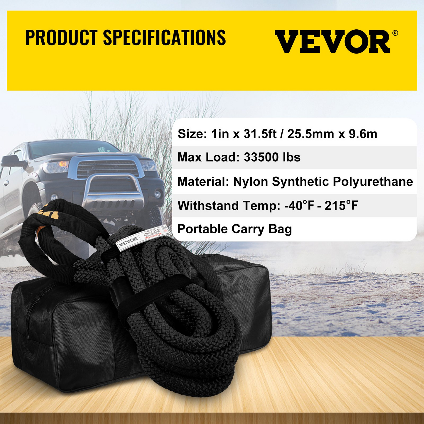 VEVOR 1" x 31.5' Kinetic Recovery Tow Rope, 33,500 lbs, Heavy Duty Double Braided Kinetic Energy Rope w/ Loops and Protective Sleeves, for Truck Off-Road Vehicle ATV UTV, Carry Bag Included, Black