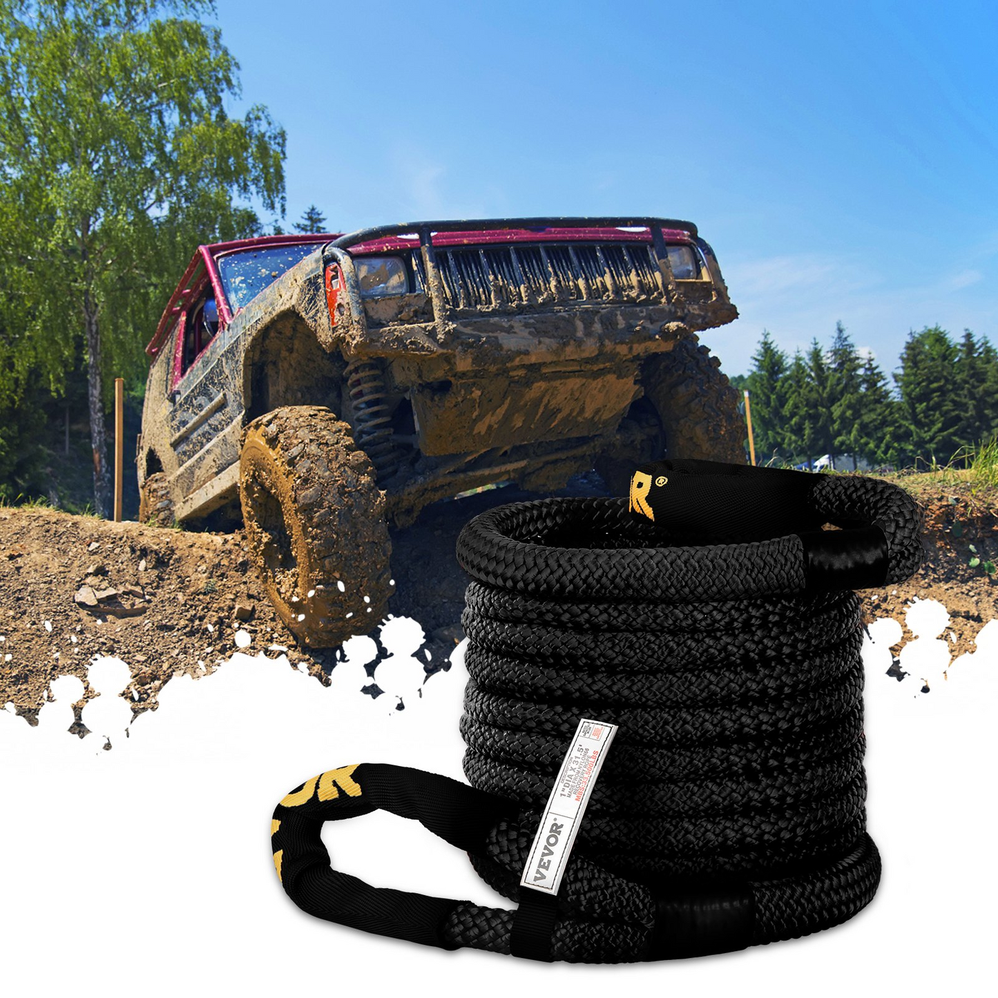 VEVOR 1" x 31.5' Kinetic Recovery Tow Rope, 33,500 lbs, Heavy Duty Double Braided Kinetic Energy Rope w/ Loops and Protective Sleeves, for Truck Off-Road Vehicle ATV UTV, Carry Bag Included, Black