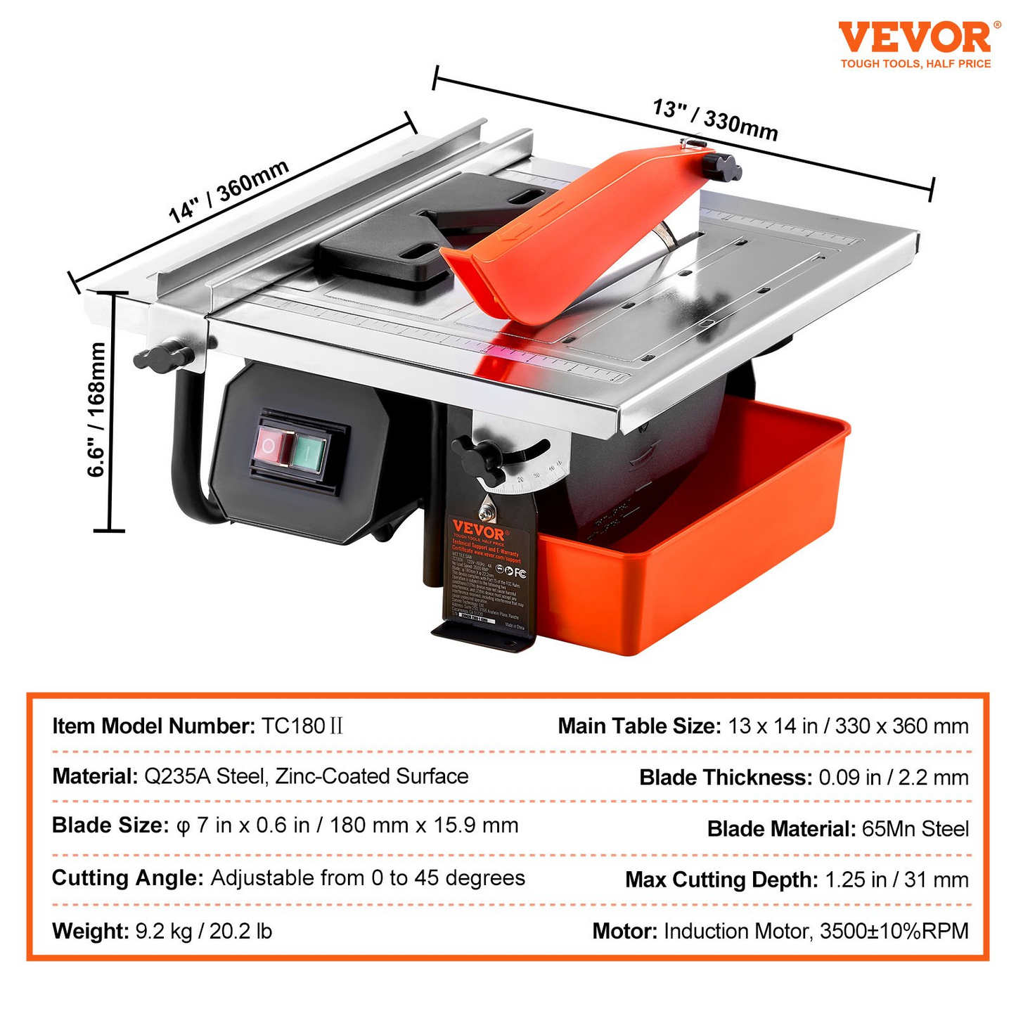 VEVOR Wet Tile Saw, 7-inch 65Mn Steel Blade, 3500 RPM Induction Motor, Tile Cutter Wet Saw with Water Reservoir, 0-45 Degrees Miter Angle for Cutting Tiles and Stones, for DIY Enthusiasts