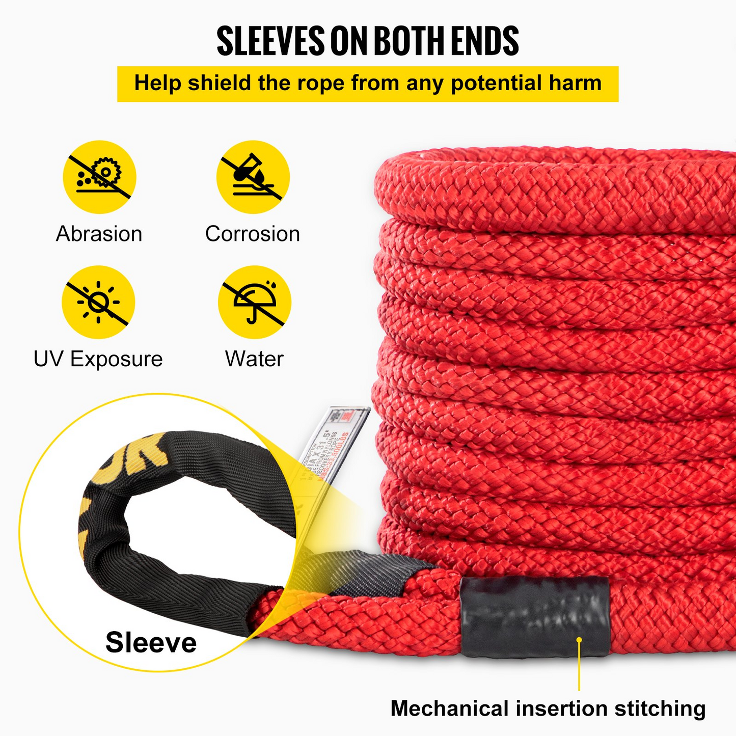 VEVOR 1" x 31.5' Recovery Tow Rope, 33,500 lbs, Heavy Duty Nylon Double Braided Kinetic Energy Rope w/ Loops and Protective Sleeves, for Truck Off-Road Vehicle ATV UTV, Carry Bag Included, Red