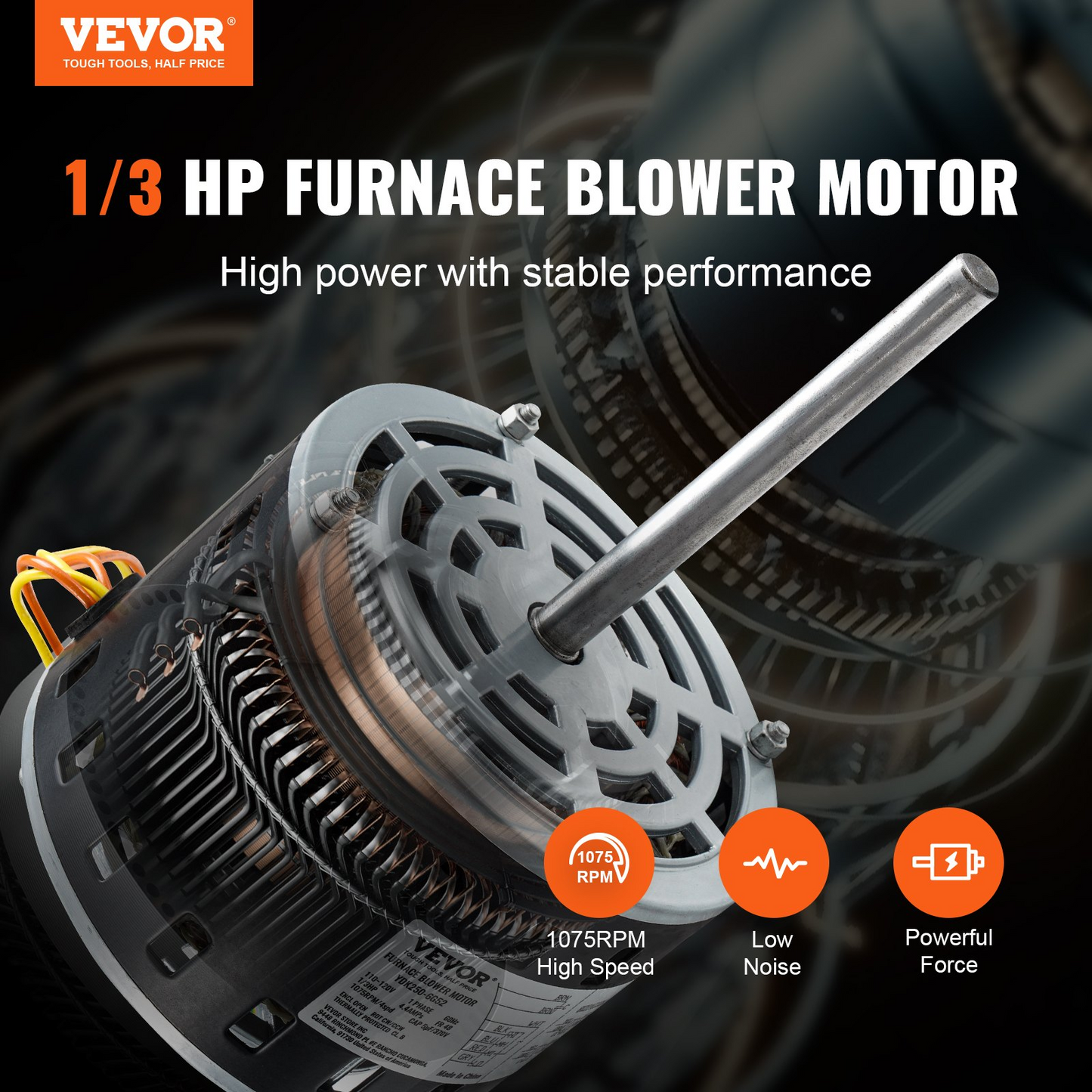 VEVOR 1/3HP Furnace Blower Motor, 110/120V 4.4Amps, 1075RPM 4 Speeds, CW/CCW Rotation, 48 Frame 5.2" Shaft Length, 5μF/370V Capacitor + 11" Hold Hoop