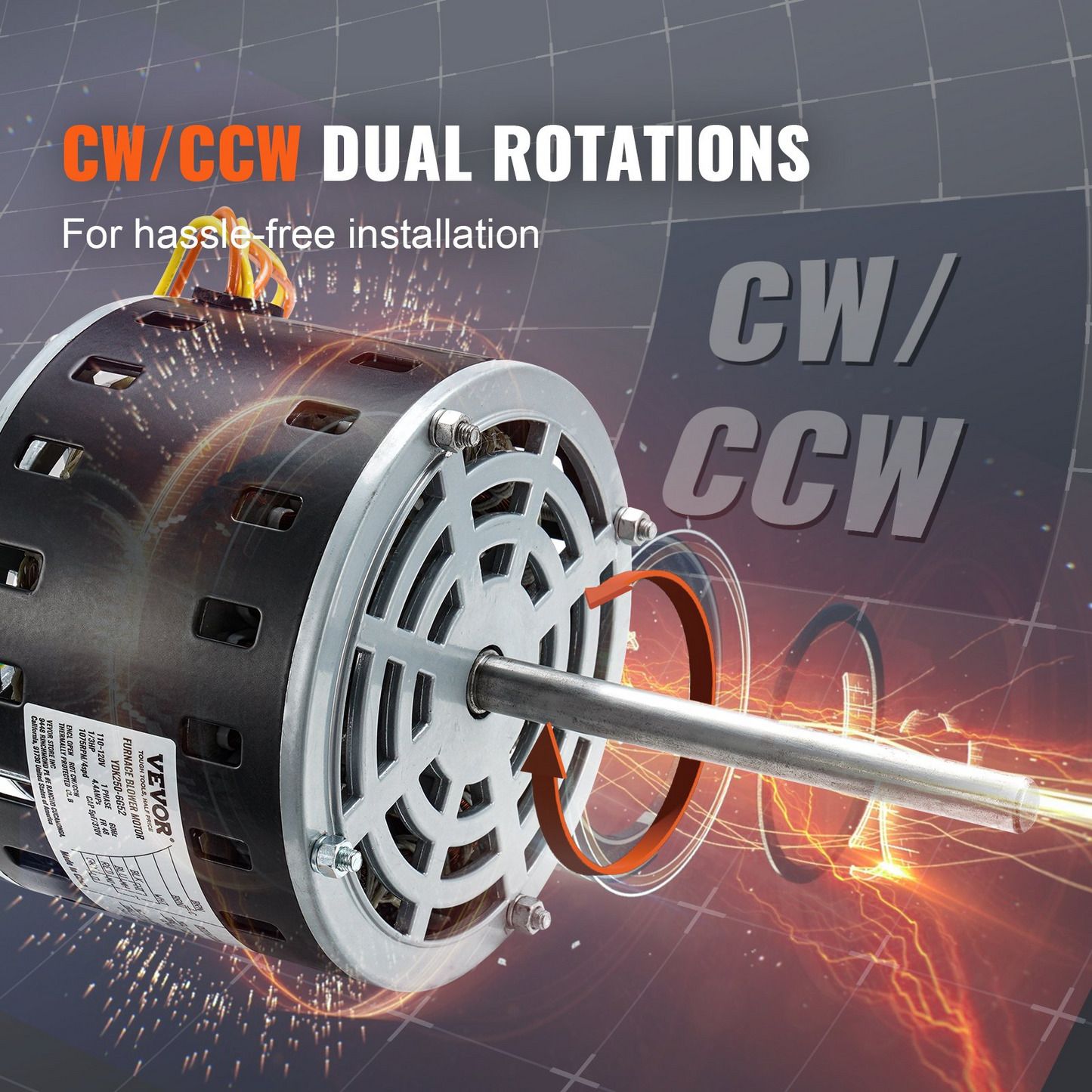 VEVOR 1/3HP Furnace Blower Motor, 110/120V 4.4Amps, 1075RPM 4 Speeds, CW/CCW Rotation, 48 Frame 5.2" Shaft Length, 5μF/370V Capacitor + 11" Hold Hoop