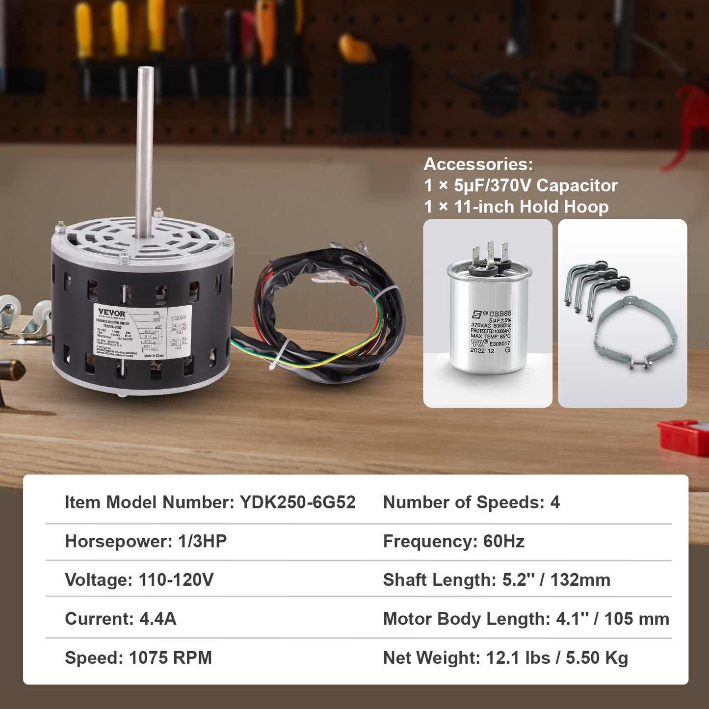 VEVOR 1/3HP Furnace Blower Motor, 110/120V 4.4Amps, 1075RPM 4 Speeds, CW/CCW Rotation, 48 Frame 5.2" Shaft Length, 5μF/370V Capacitor + 11" Hold Hoop