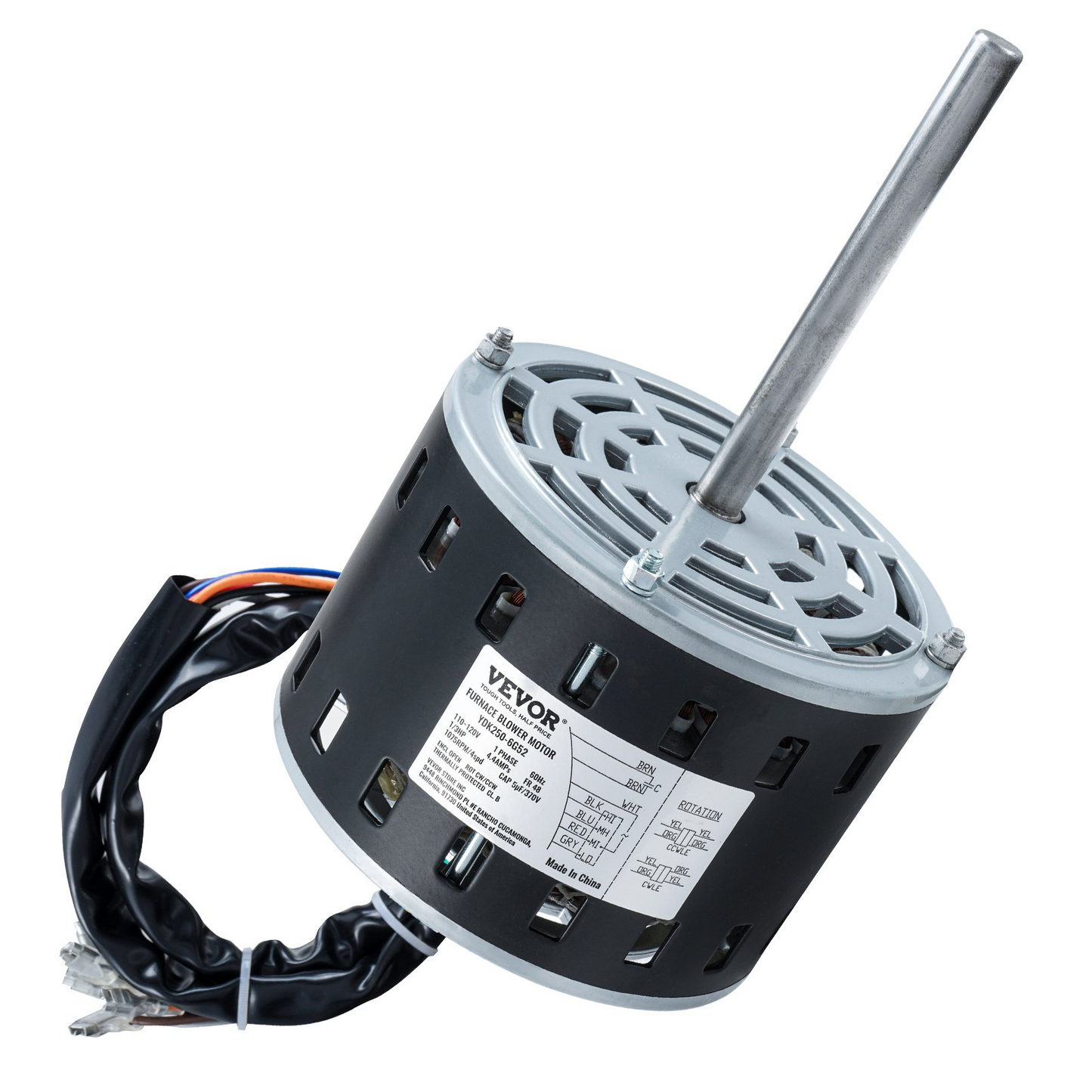 VEVOR 1/3HP Furnace Blower Motor, 110/120V 4.4Amps, 1075RPM 4 Speeds, CW/CCW Rotation, 48 Frame 5.2" Shaft Length, 5μF/370V Capacitor + 11" Hold Hoop