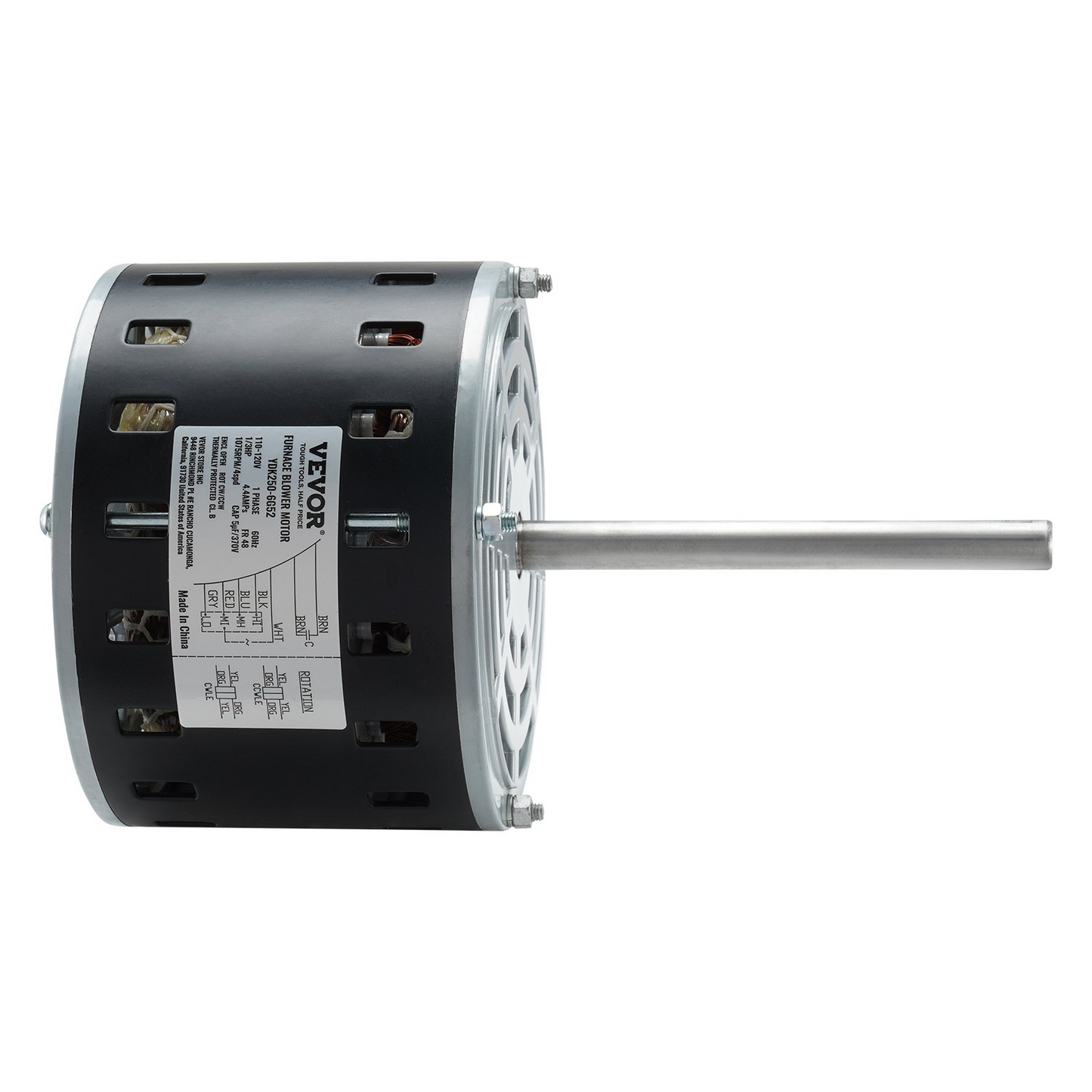 VEVOR 1/3HP Furnace Blower Motor, 110/120V 4.4Amps, 1075RPM 4 Speeds, CW/CCW Rotation, 48 Frame 5.2" Shaft Length, 5μF/370V Capacitor + 11" Hold Hoop