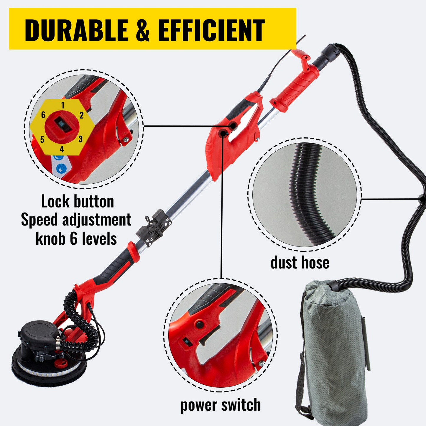 VEVOR Drywall Sander 850W, Electric Drywall Sander, Variable Speed 800-1750 RPM, Foldable Sheetrock Sander, with Telescope Handle, Electric Sander, with LED Strip Light and Vacuum Bag, Wall Sander