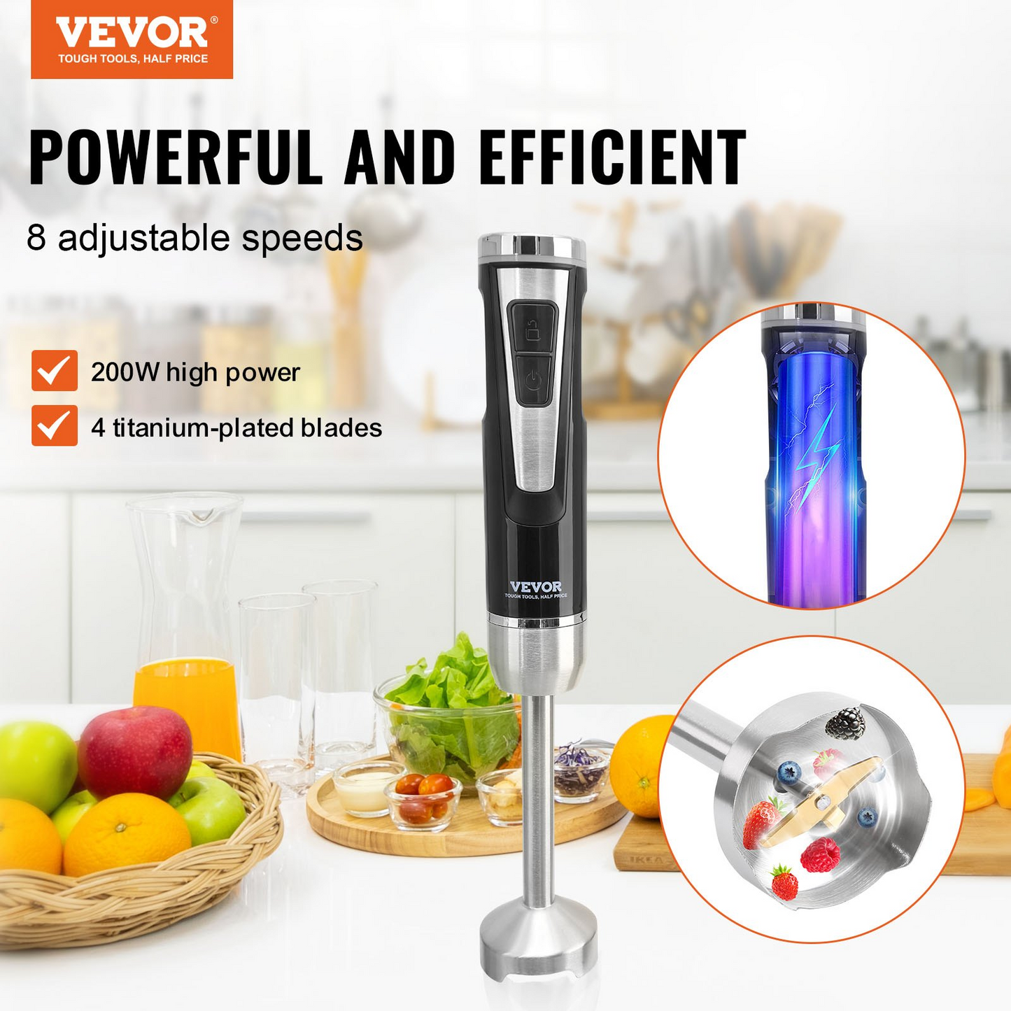 VEVOR Commercial Immersion Blender, 200 Watt 8-Speed Heavy Duty Immersion Blender, Stainless Steel Blade Copper Motor Hand Mixer, USB Charging Cable Multi-purpose Easy Control Grip Stick Mixer, Black