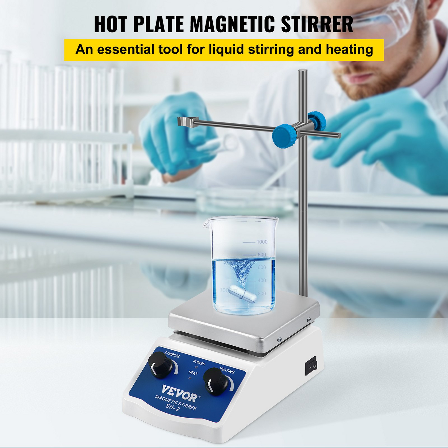 VEVOR SH-2 Magnetic Stirrer, 0-2000 RPM, 1000ml Mixing Capacity Laboratory Magnetic Stirrer Hotplate w/ Stand, 180W Heating Power 380°C Max Heating Temperature, for Lab Liquid Mixing Heating