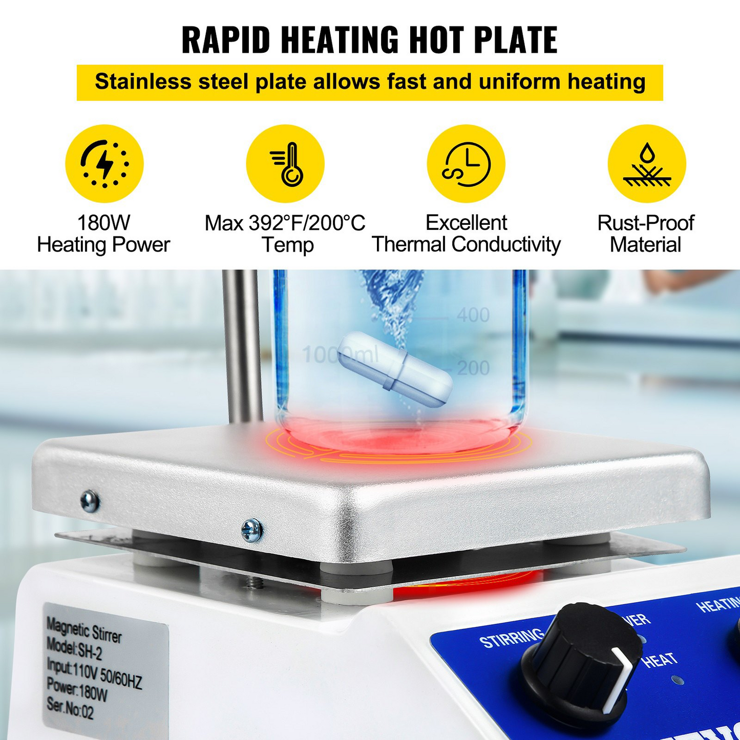 VEVOR SH-2 Magnetic Stirrer, 0-2000 RPM, 1000ml Mixing Capacity Laboratory Magnetic Stirrer Hotplate w/ Stand, 180W Heating Power 380°C Max Heating Temperature, for Lab Liquid Mixing Heating