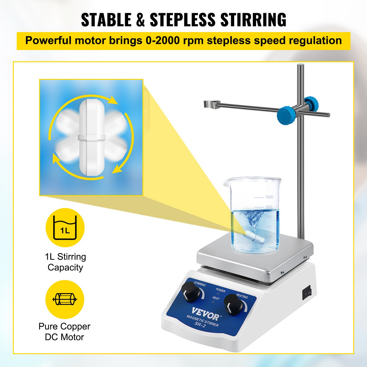 VEVOR SH-2 Magnetic Stirrer, 0-2000 RPM, 1000ml Mixing Capacity Laboratory Magnetic Stirrer Hotplate w/ Stand, 180W Heating Power 380°C Max Heating Temperature, for Lab Liquid Mixing Heating