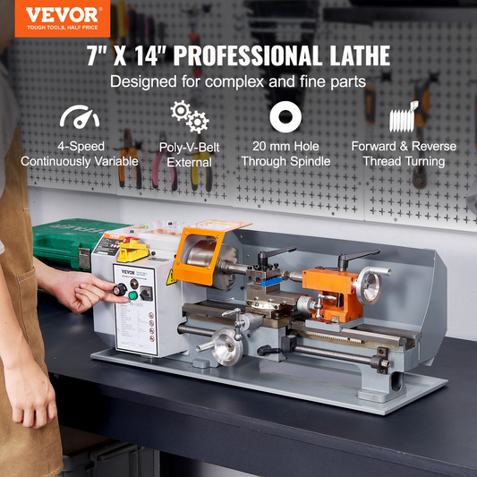 VEVOR Metal Lathe Machine, 7'' x 13.78'', Precision Benchtop Power Metal Lathe, 0-2200 RPM Continuously Variable Speed, 500W Brush Motor Metal Gears, with Tool Box for Processing Precision Parts