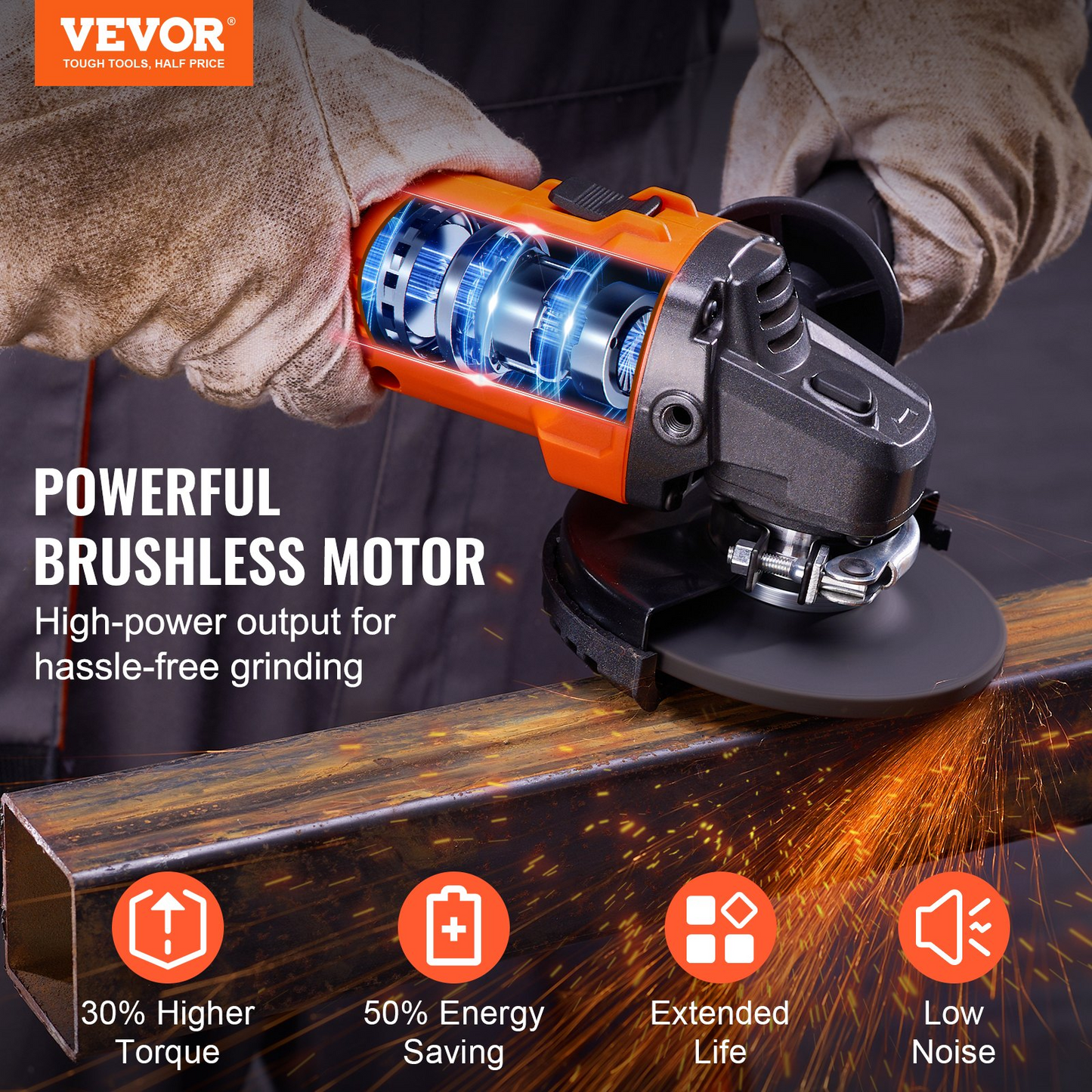 VEVOR Cordless Angle Grinder Kit, 4-1/2'' 9000rpm Brushless Motor, 3 Variable Speed, Electric Grinder Power Tools with 20V 4.0Ah Battery & Fast Charger For Cutting, Polishing, Rust Removal