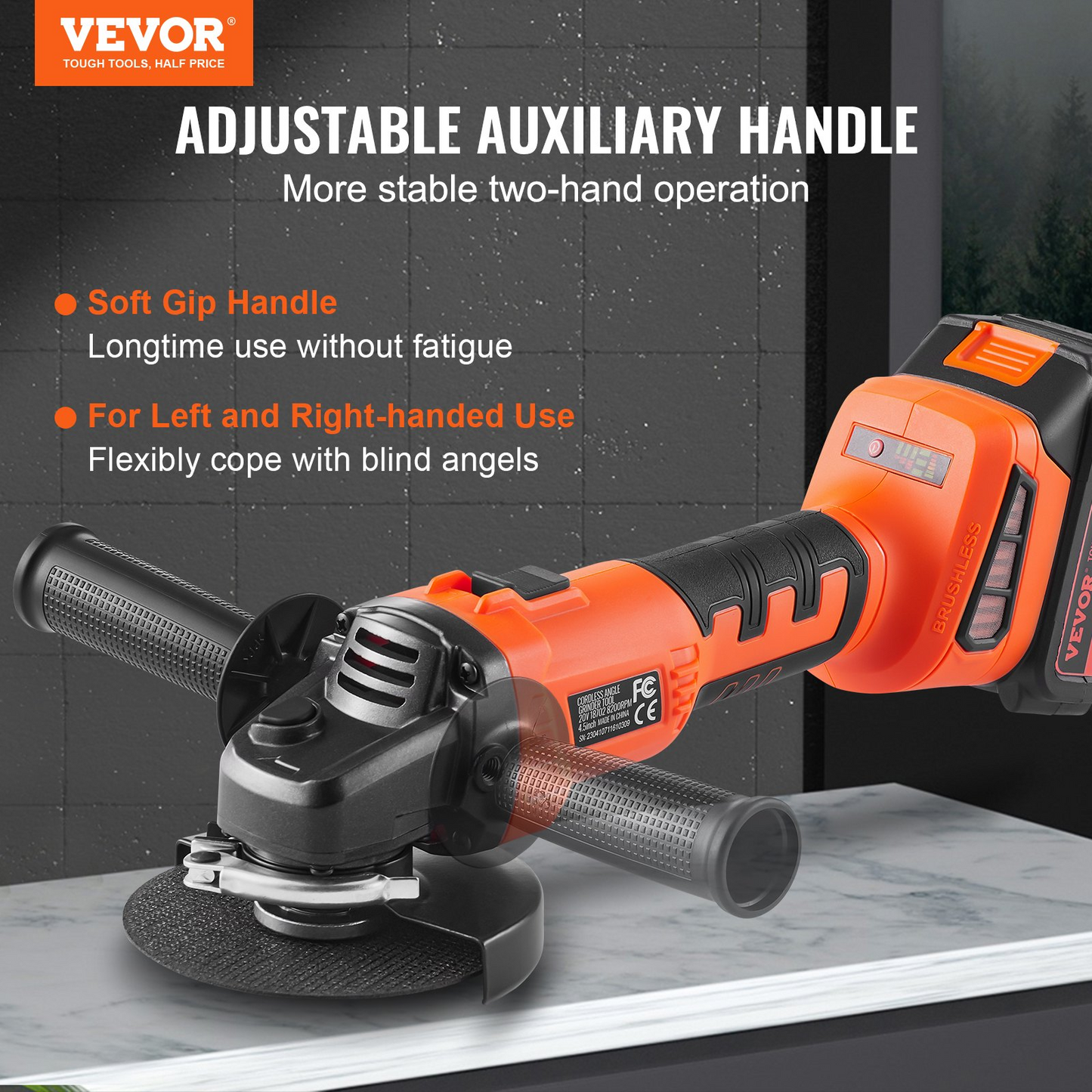 VEVOR Cordless Angle Grinder Kit, 4-1/2'' 9000rpm Brushless Motor, 3 Variable Speed, Electric Grinder Power Tools with 20V 4.0Ah Battery & Fast Charger For Cutting, Polishing, Rust Removal