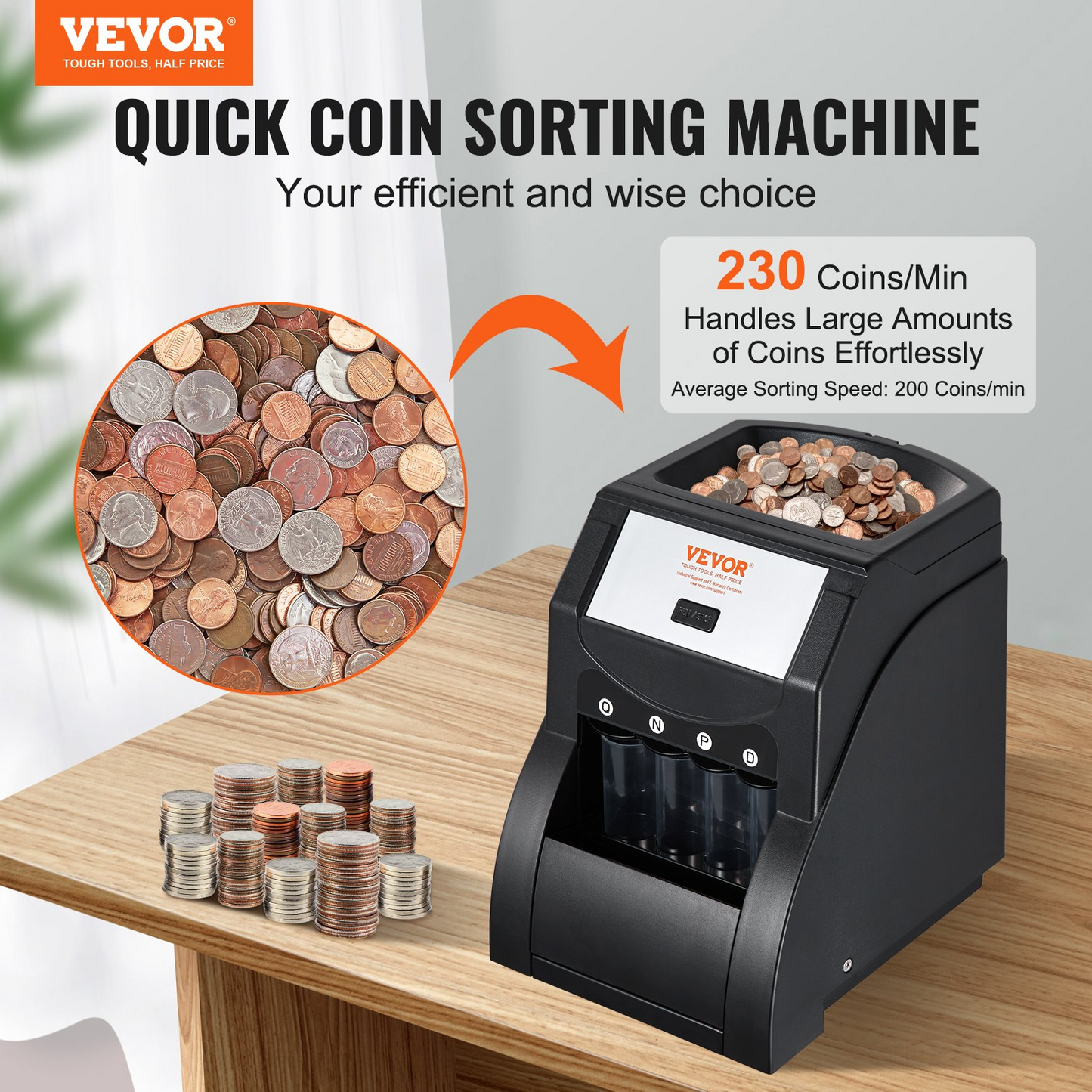 VEVOR USD Coin Sorter, Coin Sorter Machine for USD Coin 1￠ 5￠ 10￠ 25￠, Sorts up to 230 Coins/min, Coin Sorter and Wrapper Machine Holds 200 Coins Included 4 Coin Tubes, Black