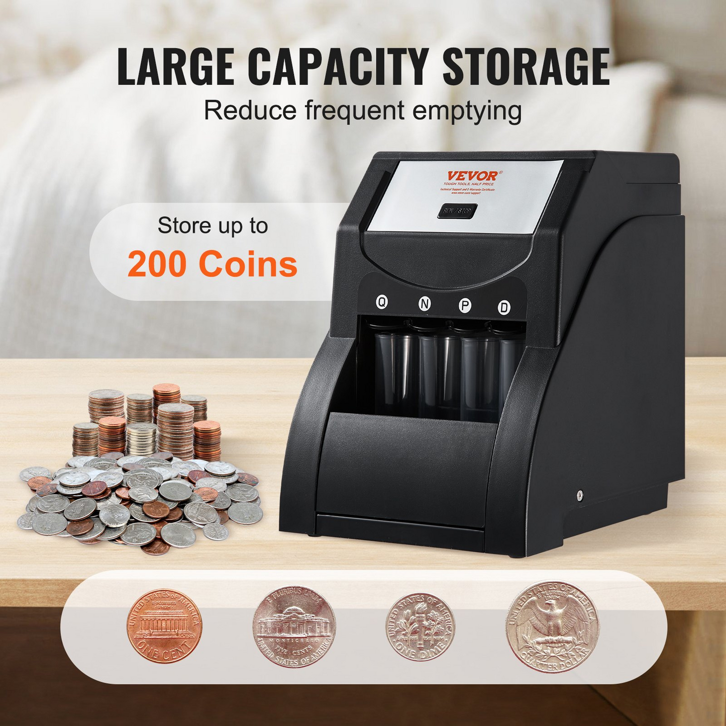 VEVOR USD Coin Sorter, Coin Sorter Machine for USD Coin 1￠ 5￠ 10￠ 25￠, Sorts up to 230 Coins/min, Coin Sorter and Wrapper Machine Holds 200 Coins Included 4 Coin Tubes, Black