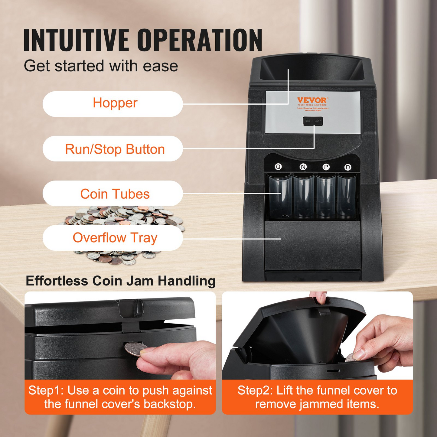 VEVOR USD Coin Sorter, Coin Sorter Machine for USD Coin 1￠ 5￠ 10￠ 25￠, Sorts up to 230 Coins/min, Coin Sorter and Wrapper Machine Holds 200 Coins Included 4 Coin Tubes, Black