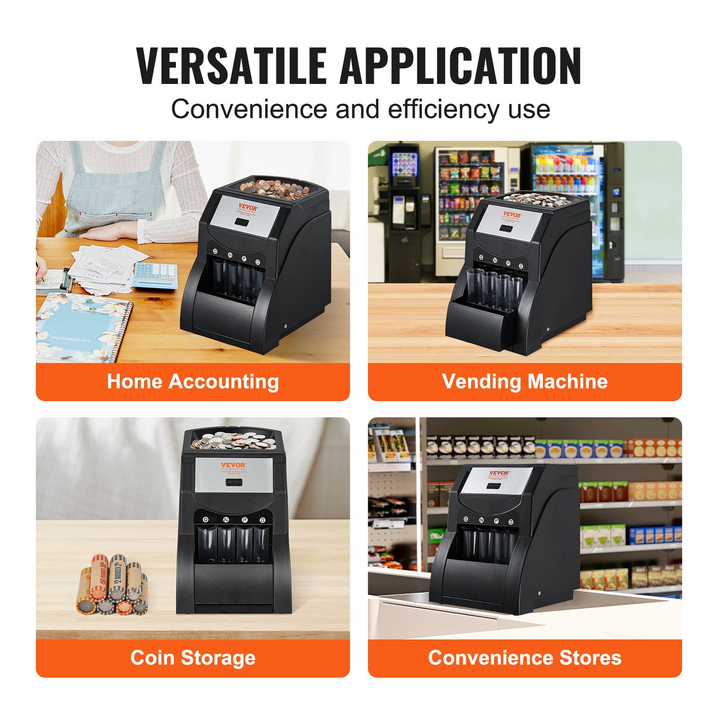 VEVOR USD Coin Sorter, Coin Sorter Machine for USD Coin 1￠ 5￠ 10￠ 25￠, Sorts up to 230 Coins/min, Coin Sorter and Wrapper Machine Holds 200 Coins Included 4 Coin Tubes, Black