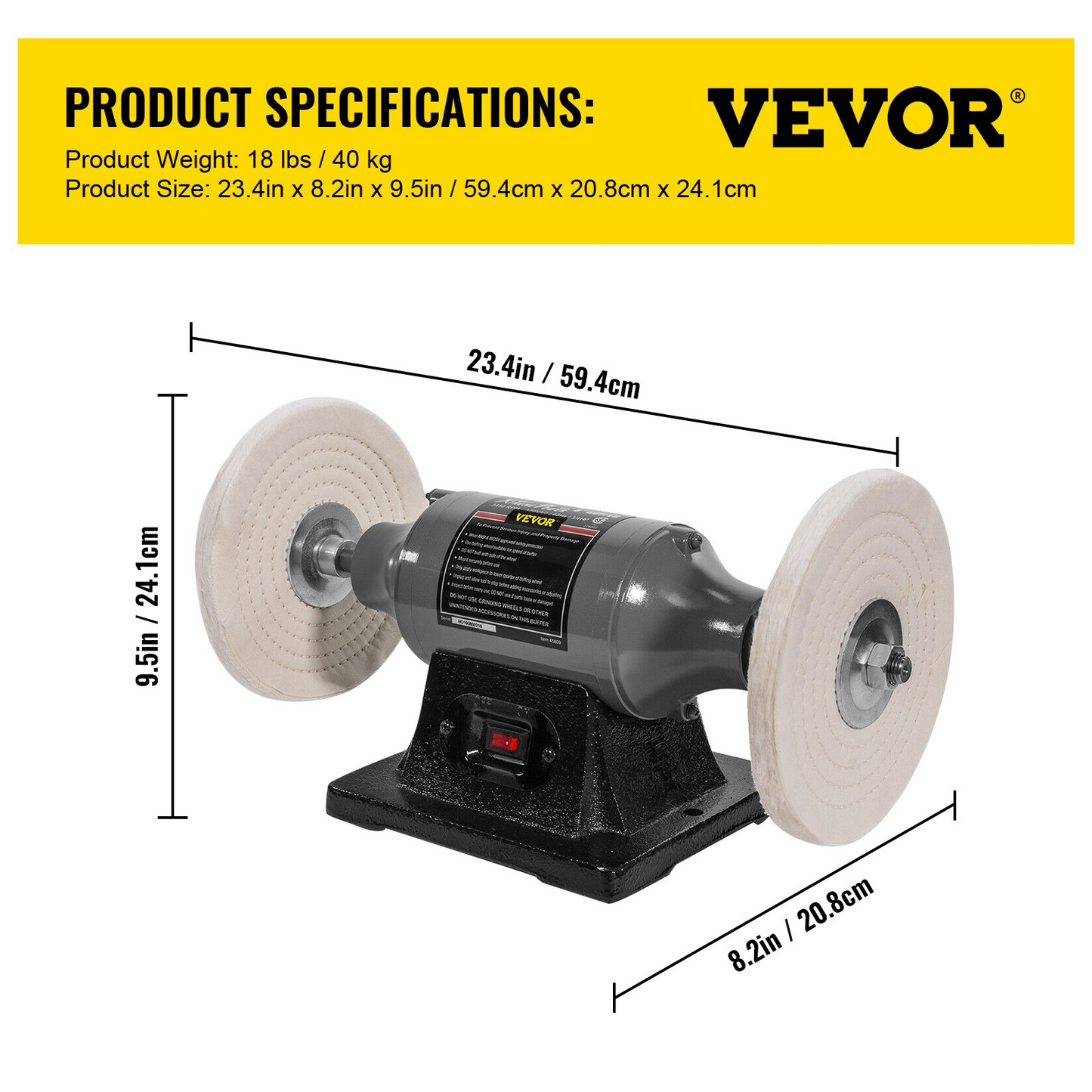 VEVOR Bench Buffer Polisher, 8 inch Buffing Machine 370W Motor with 3450 RPM, Heavy Duty Benchtop Lathe Polishing Machine for Jewelry, Wood, Silver, Amber, Metal, Jade