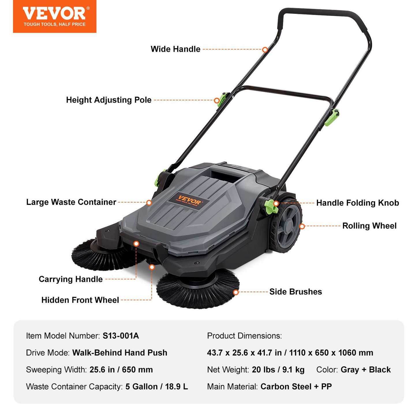 VEVOR Walk-behind Hand Push Floor Sweeper, 25.6" Sweeping Width Floor Sweeper Manual Non-Electric, 5-Gallon Waste Container, Angle & Height Adjustable Folding Handle for Walkway, Yard, Garage, Patio