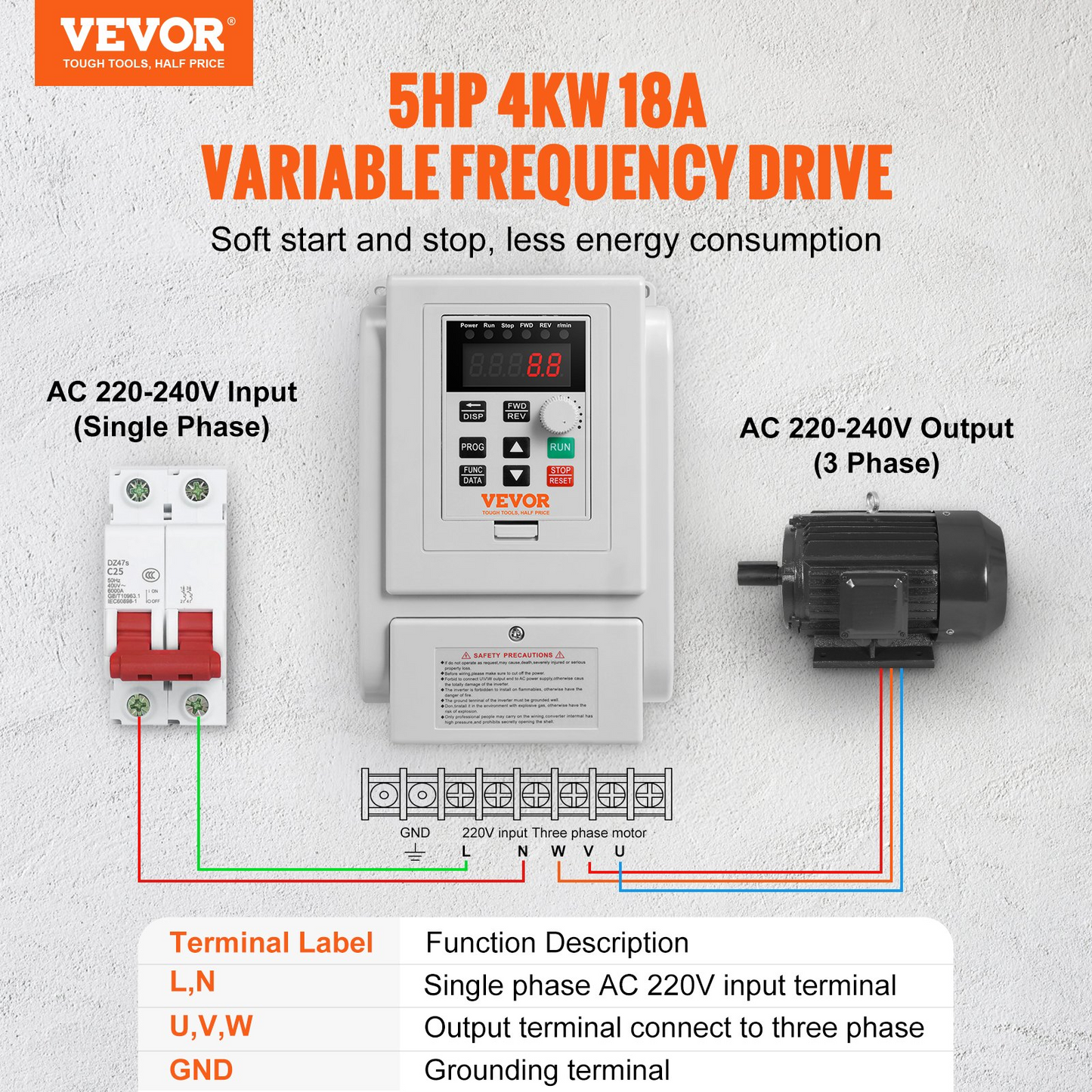 VEVOR VFD 4KW，18A，5HP Variable Frequency Drive for 3-Phase Motor Speed Control