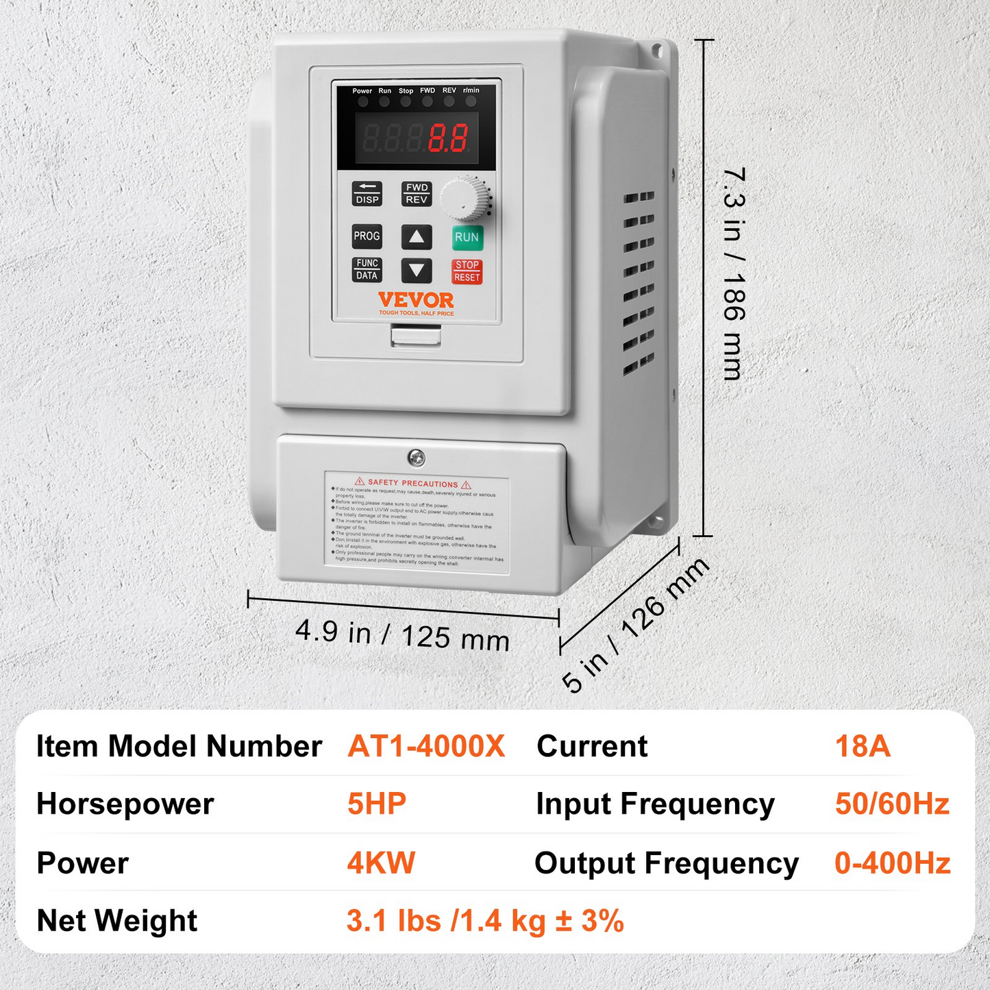 VEVOR VFD 4KW，18A，5HP Variable Frequency Drive for 3-Phase Motor Speed Control