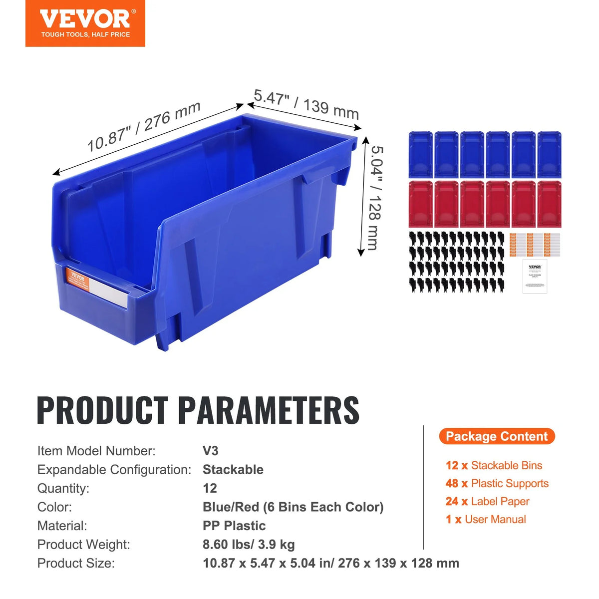 VEVOR Plastic Storage Bin, (11-Inch x 5-Inch x 5-Inch), Hanging Stackable Storage Organizer Bin, Blue/Red - view 6