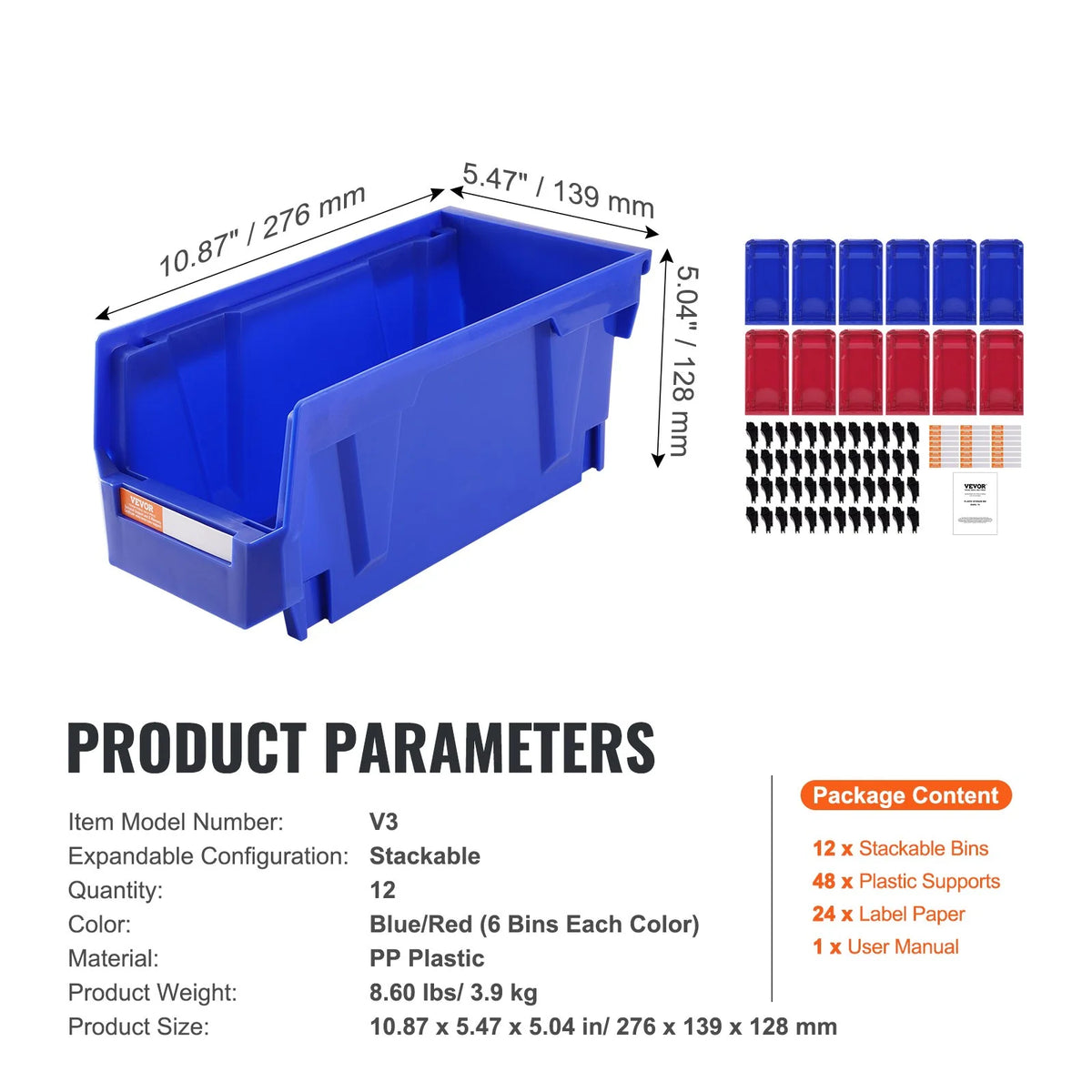 VEVOR Plastic Storage Bin, (11-Inch x 5-Inch x 5-Inch), Hanging Stackable Storage Organizer Bin, Blue/Red - view 10