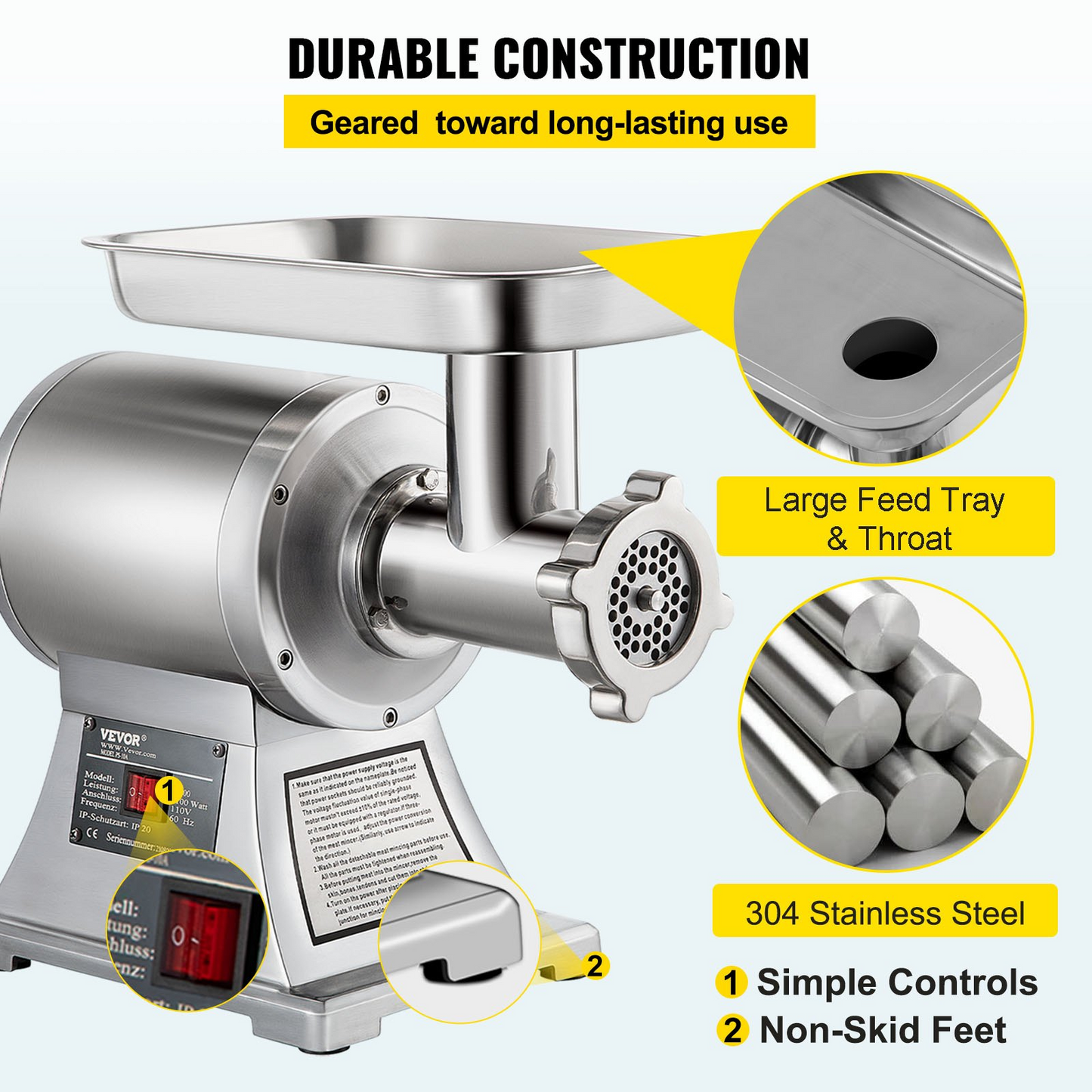 VEVOR Commercial Meat Grinder,550LB/h 1100W Electric Meat Grinder, 220 RPM Heavy Duty Stainless Steel Industrial Meat Mincer w/2 Blades, Grinding Plates & Stuffing Tubes