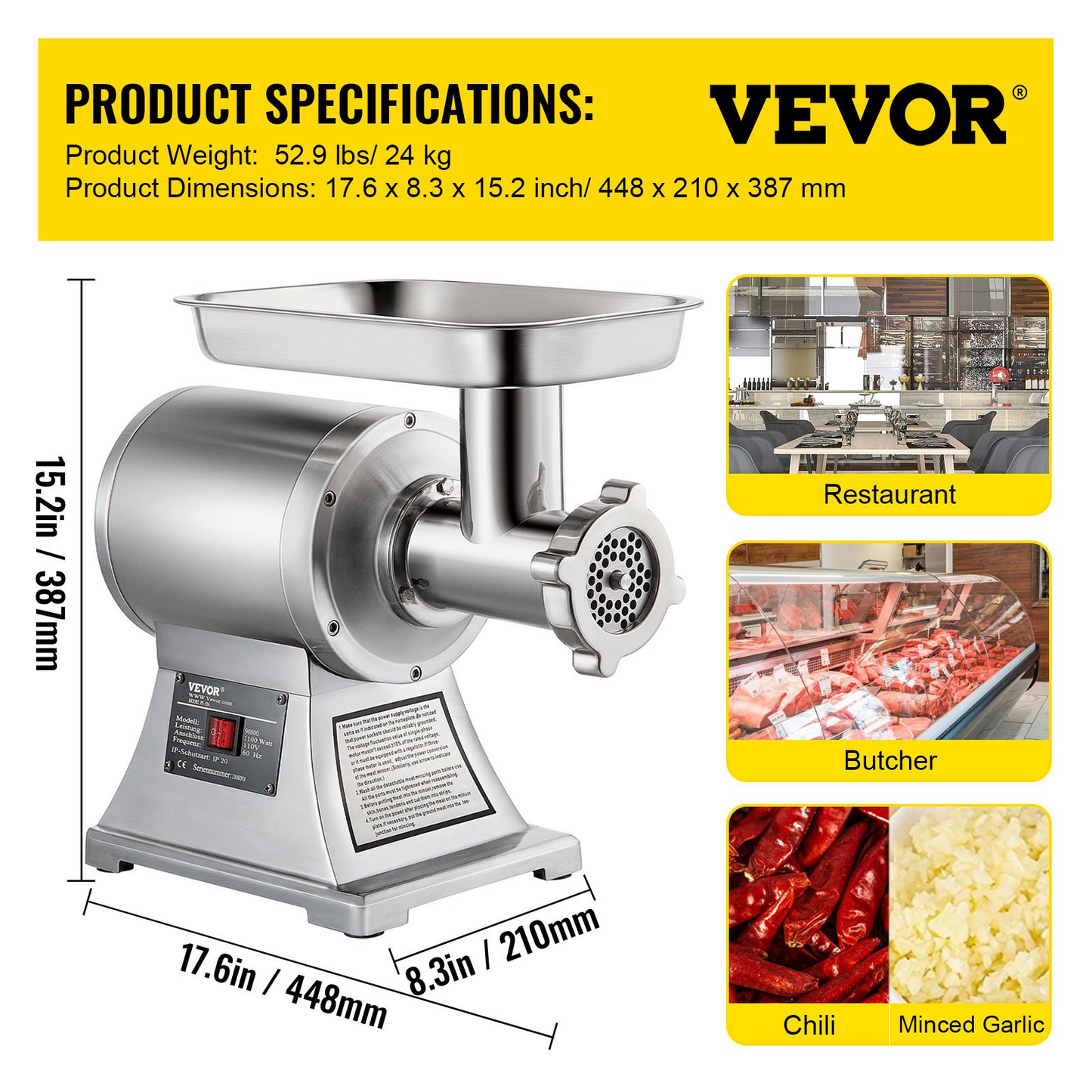 VEVOR Commercial Meat Grinder,550LB/h 1100W Electric Meat Grinder, 220 RPM Heavy Duty Stainless Steel Industrial Meat Mincer w/2 Blades, Grinding Plates & Stuffing Tubes